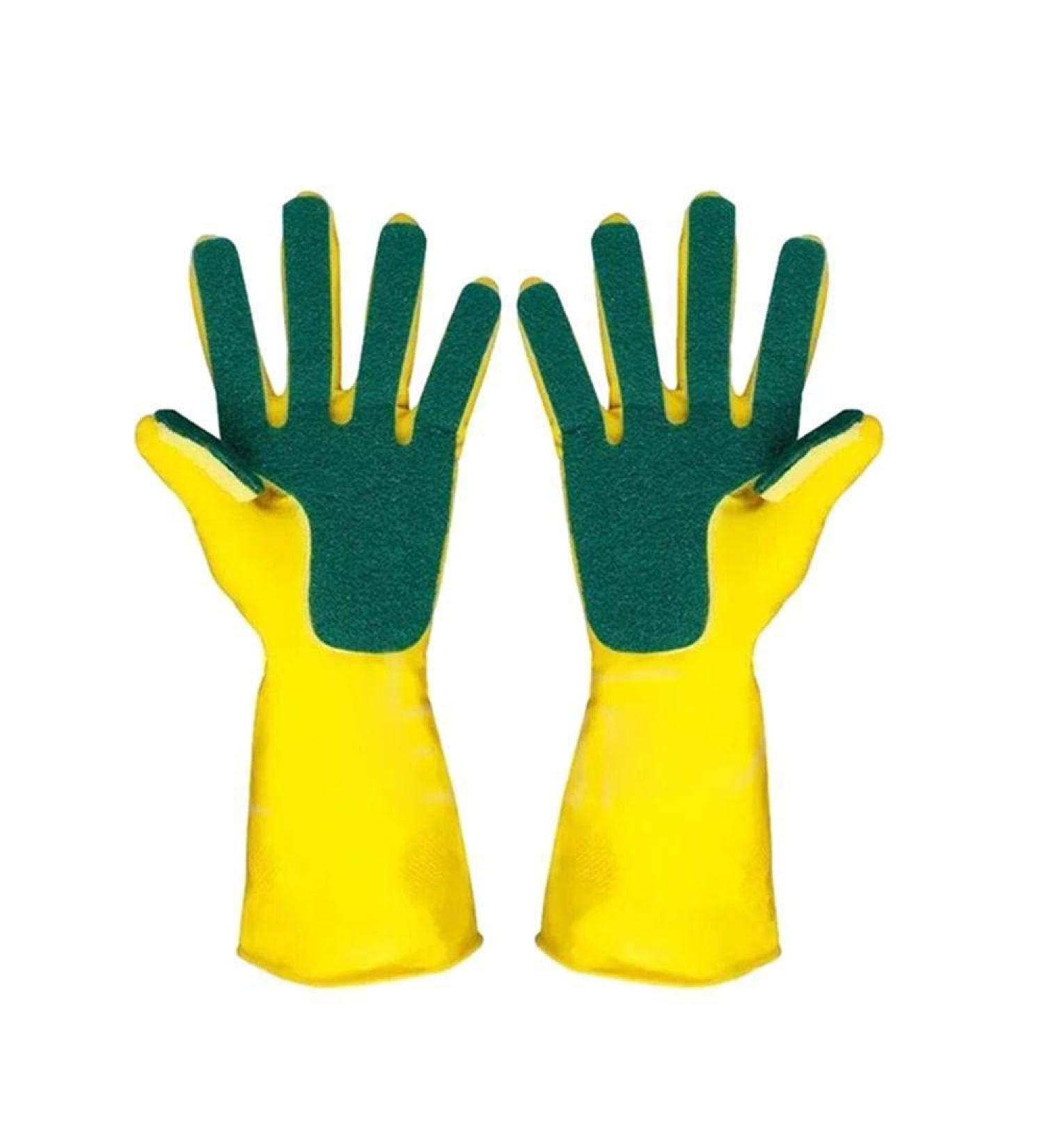 MOODCOME Household Long Sleeve Rubber Gloves Scouring Pad with Sponge Fingers for Kitchen Dish Washing Bathroom Garden Cleaning - Buy Online on GoSupps.com