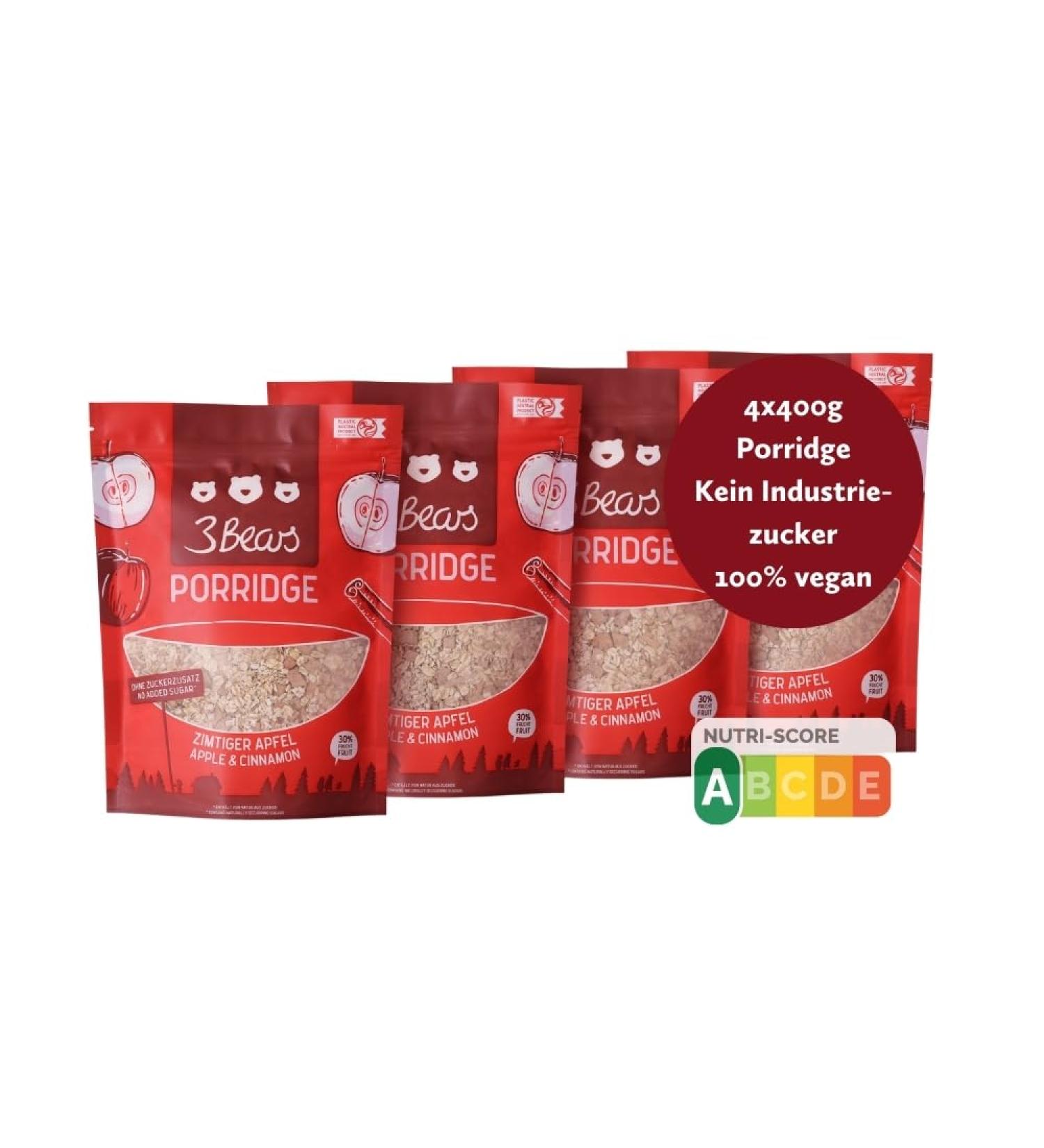 3Bears Apple Cinnamon Porridge - Sugar-Free Vegan Oats (4x400g) | Wholemeal Flakes & Overnight Oats - Buy Online on GoSupps.com
