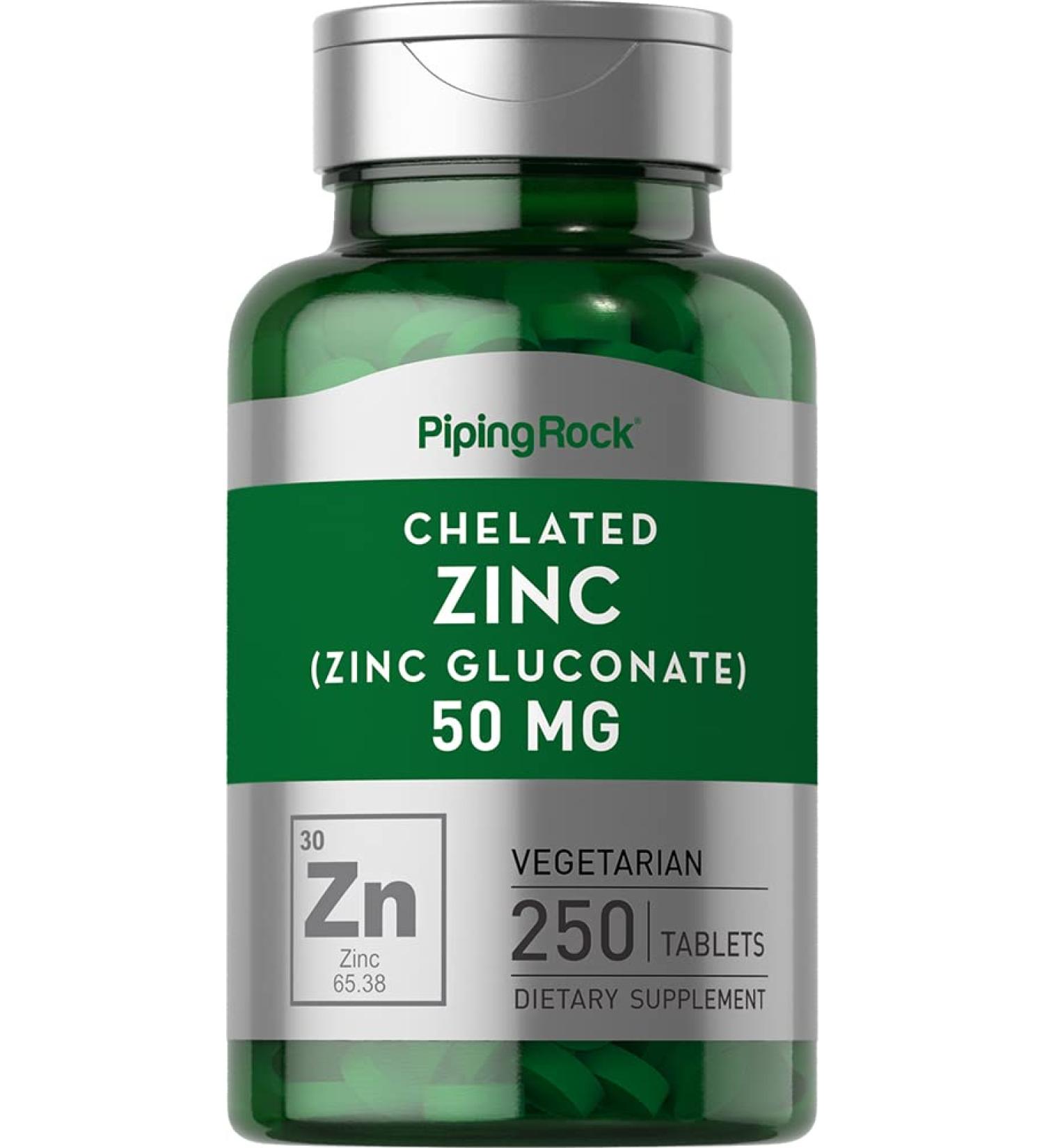 Chelated Zinc 50mg Supplement | 250 Tablets | Gluconate | Vegetarian, Non-GMO & Gluten-Free | Piping Rock - Buy Online on GoSupps.com