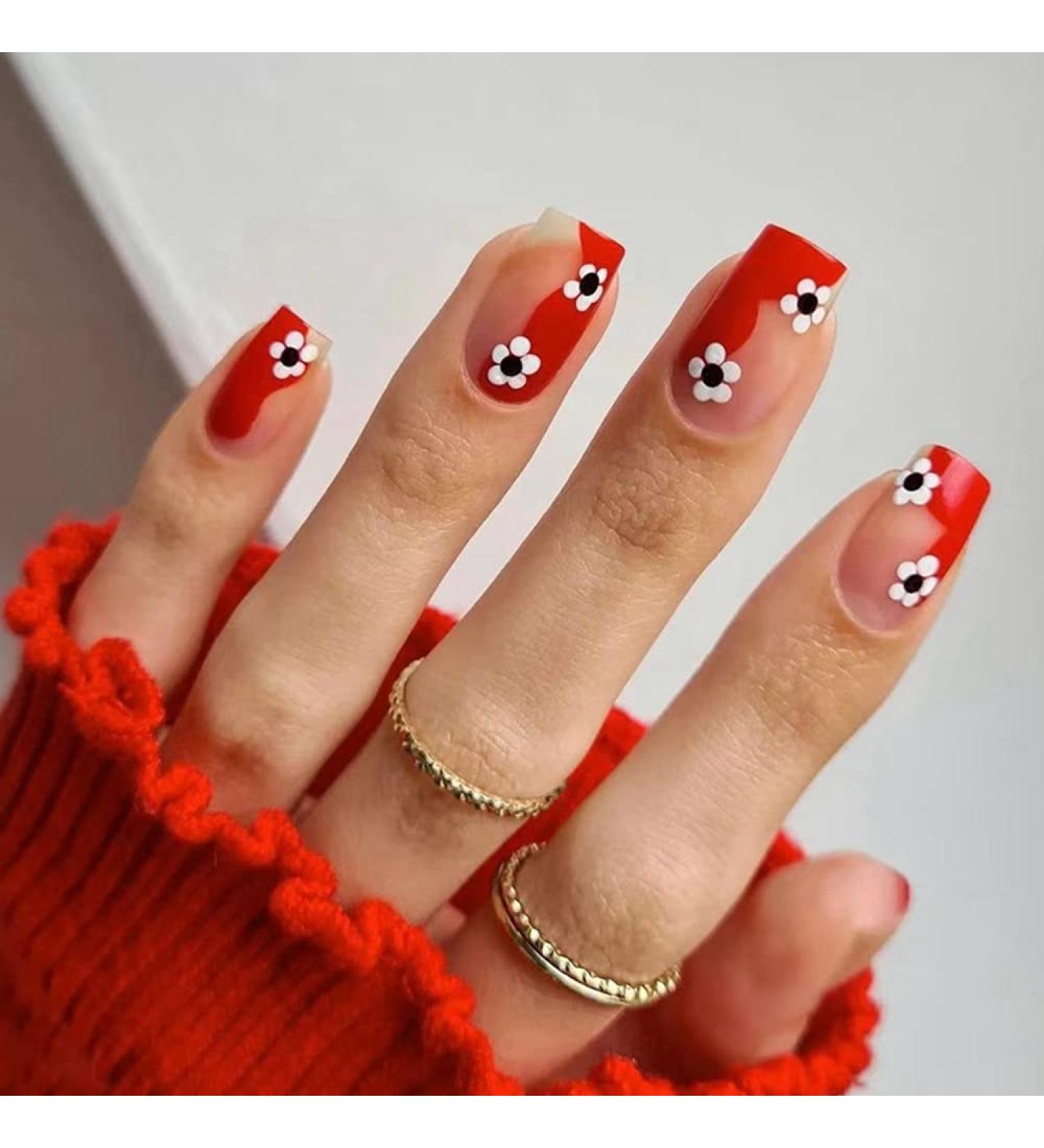 24Pcs Full Cover Short Round/Square Head False Nails Irregular Red Nail Small Flower Wearable French Fake Nails Press On Nails