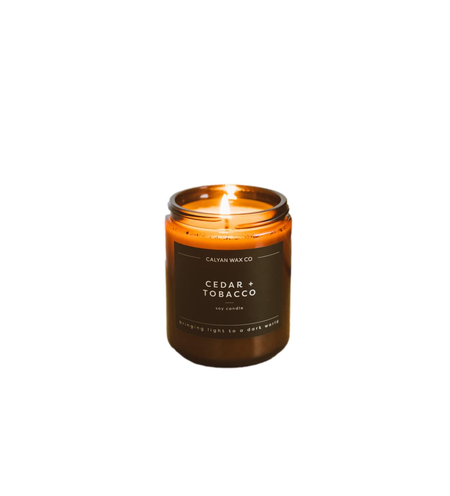 Calyan Cedar & Tobacco Scented Soy Wax Candle | 7.2 oz | 57 Hour Burn | Aromatherapy Gift in Amber Glass Jar - Buy Online on GoSupps.com