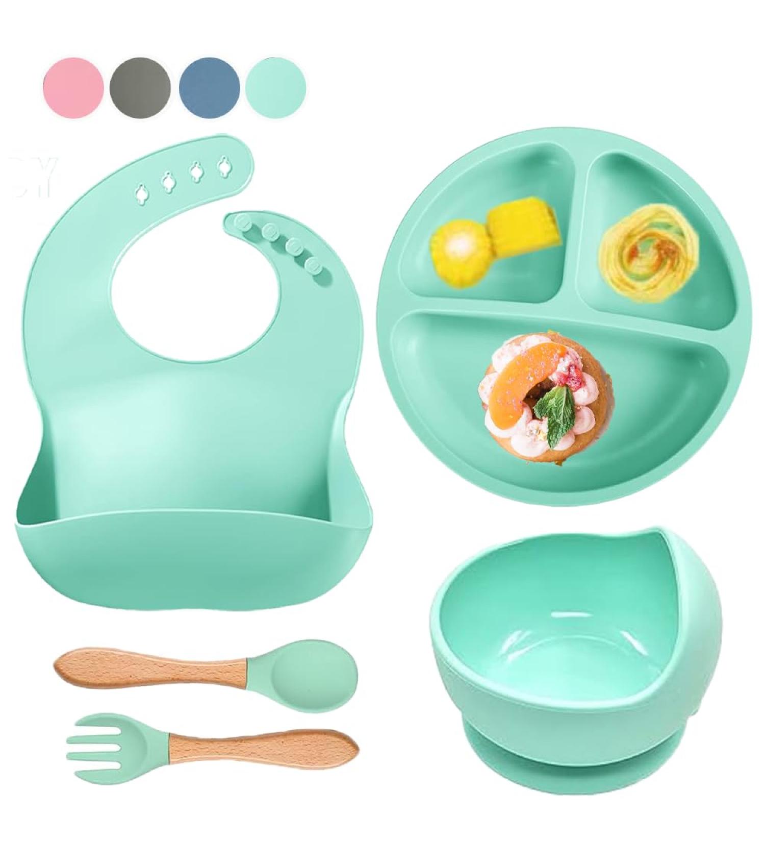 SilverStaar Baby Weaning Set | Silicone Suction Plate, Bowl, Spoon, Fork & Bib - Green | Detachable Suction Base | Feeding Set for Babies & Toddlers - Buy Online on GoSupps.com