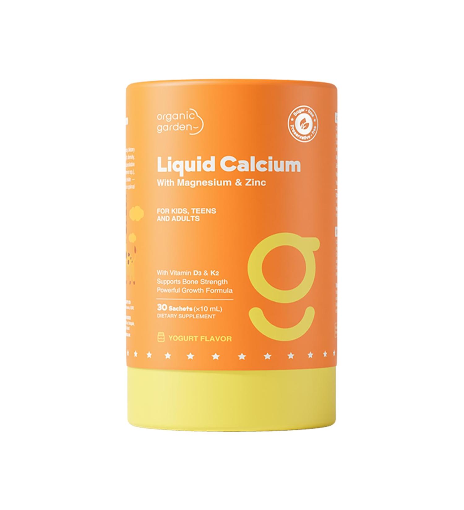Organic Garden Liquid Calcium with Magnesium & Zinc for Bone Support - Triple Calcium Complex Vitamin D3 & K2 Yogurt Flavor 30 Single-Serve Sachets (10mL Each) (1)