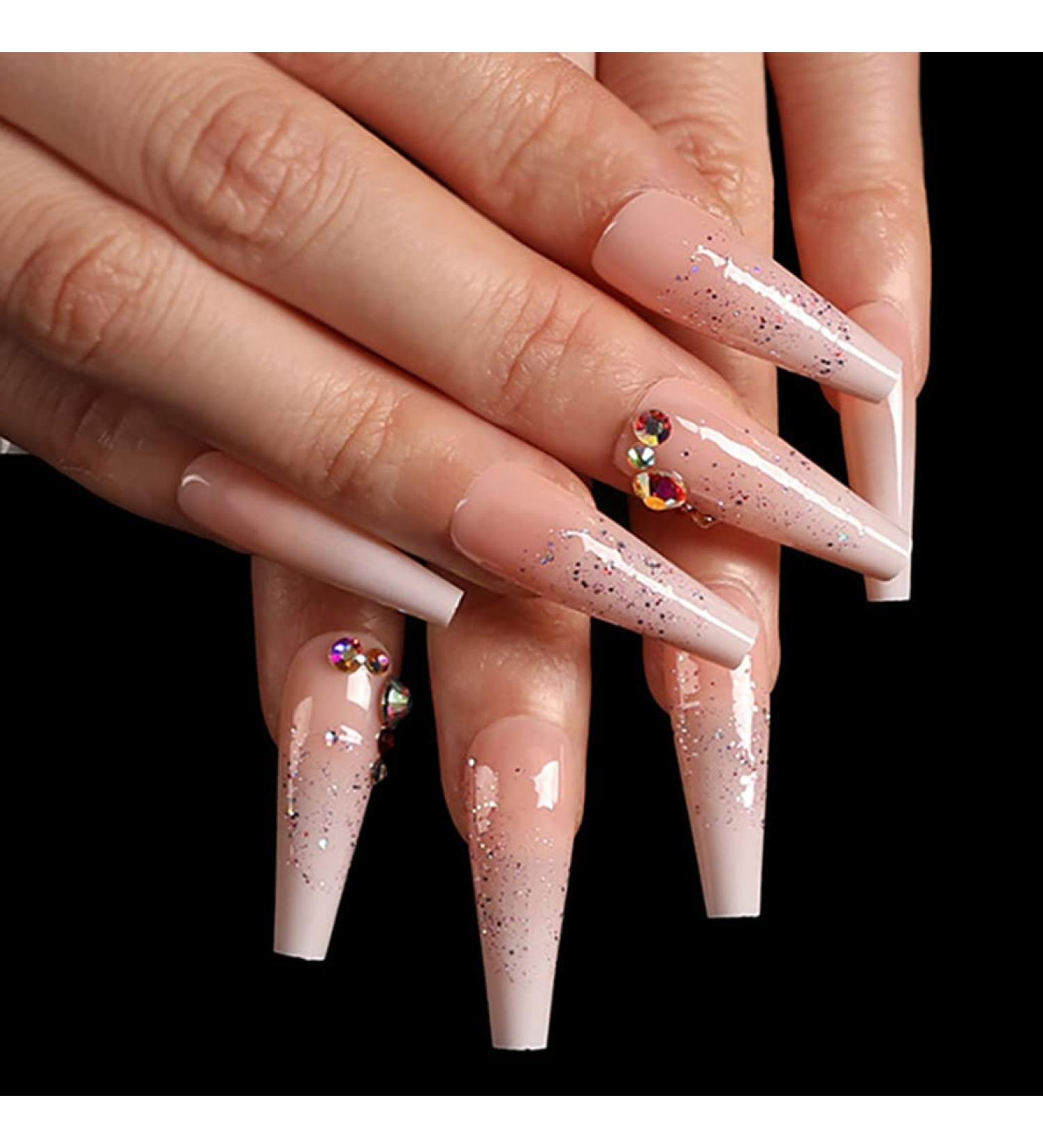 Sethexy Long Sparkle Ballerina False Nails | Nude Pink Bling Crystal Coffin | 24 St Acrylic Art Nail Tips for Women & Girls - Buy Online on GoSupps.com
