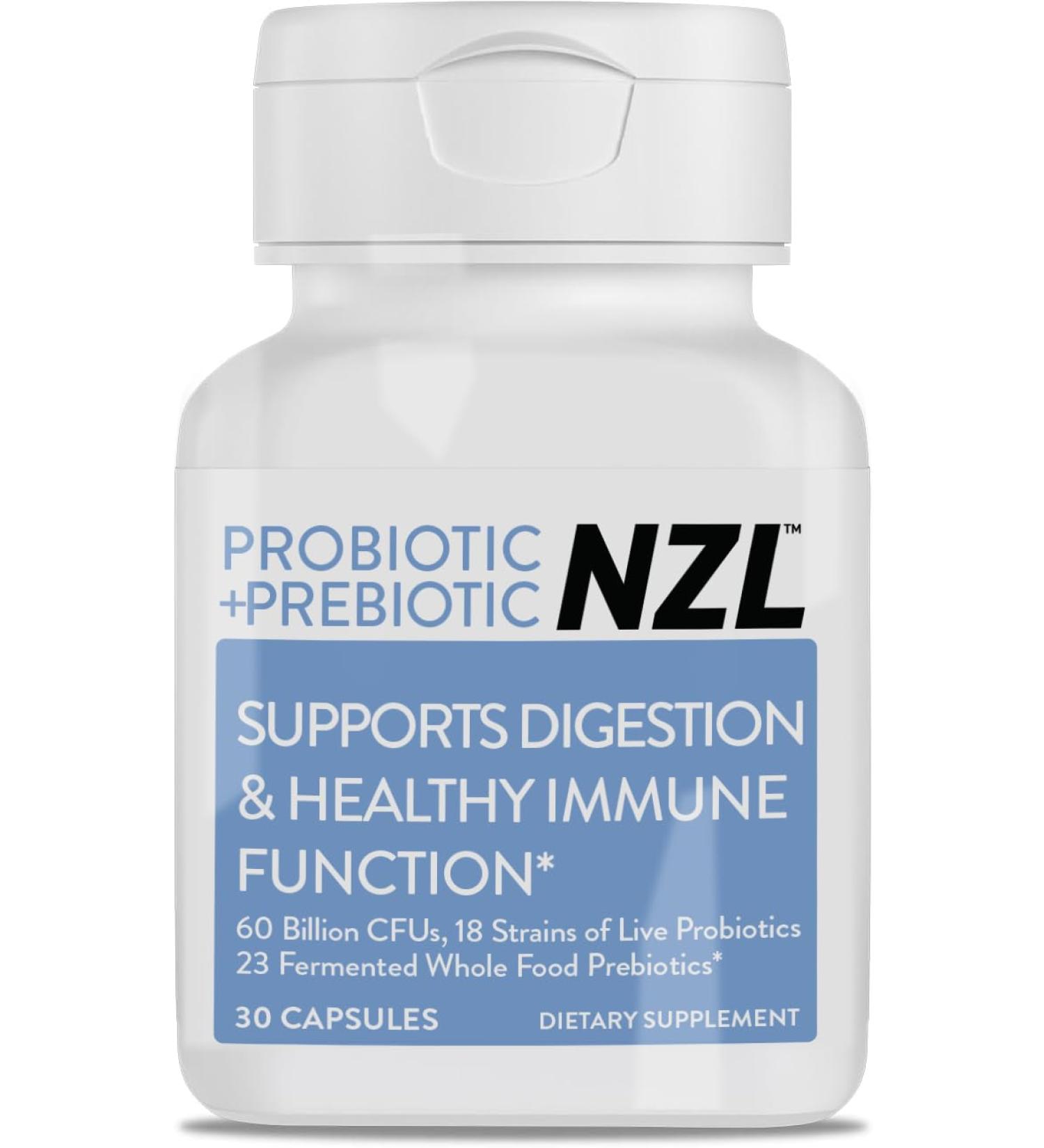 NZL Probiotic + Prebiotic Capsules Once Daily 60 Billion CFUs Digestive Health for Men and Women 18 Strains Shelf Stable With Fermented Wholefoods Prebiotic & Fibre 60 caps 1 Month Supply