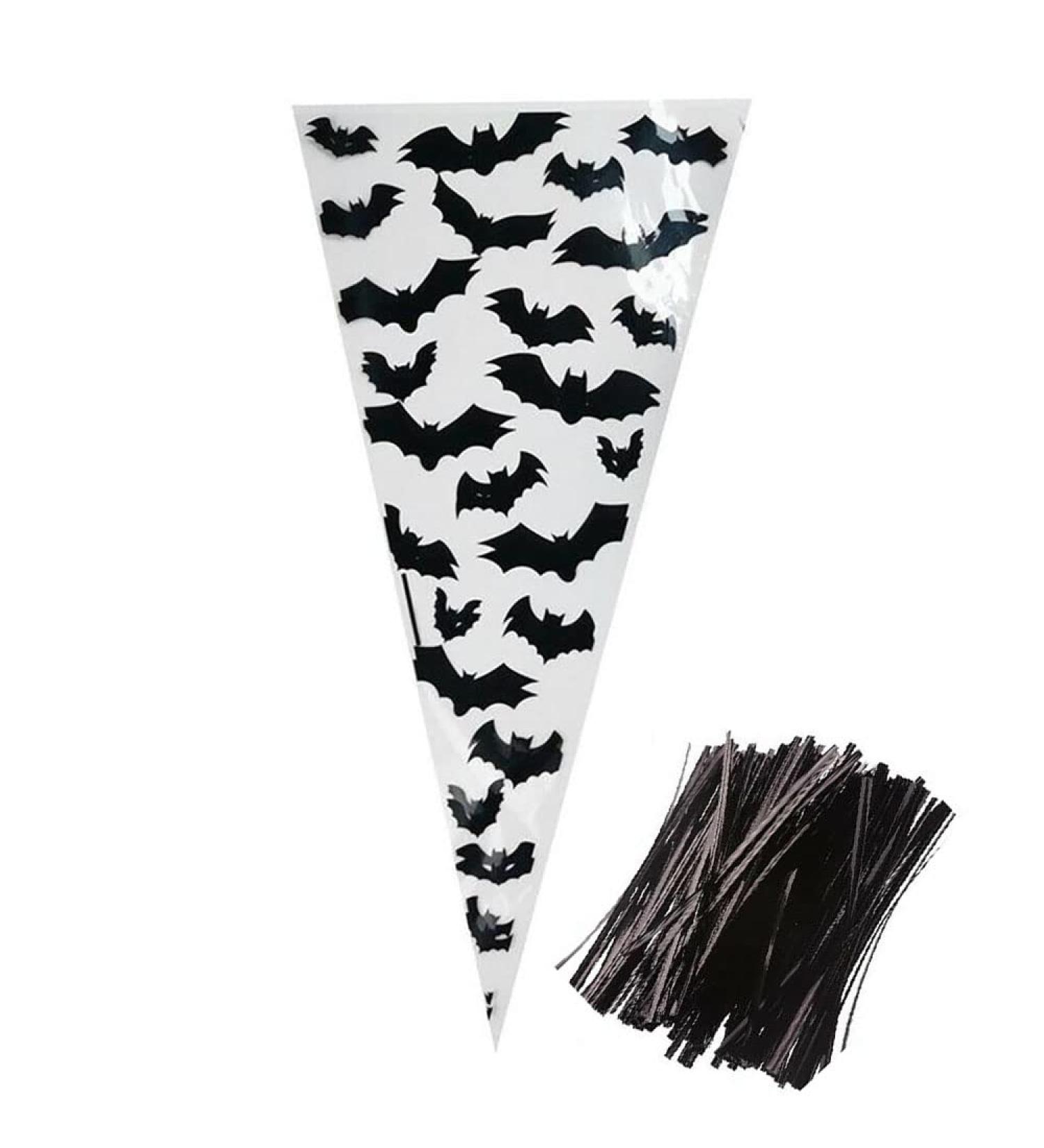 VDL Pack of 25 Halloween Sweet Cones 17x33cm Bat Themed Clear Treat Bags with Twist Ties - Buy Online on GoSupps.com