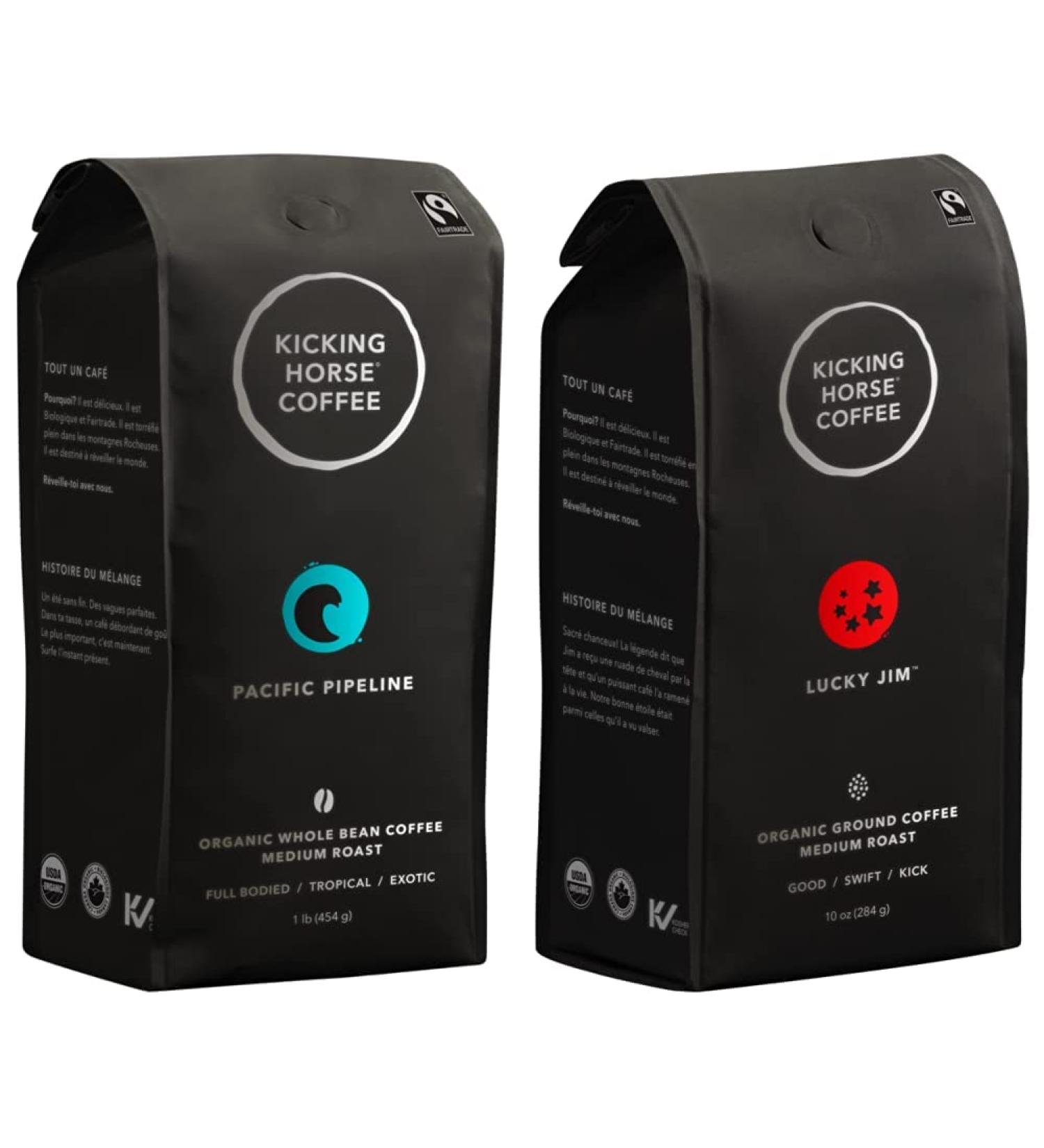 Kicking Horse Coffee Pacific Pipeline Medium Roast Whole Bean 1 lb - Certified Organic Fairtrade & Lucky Jim Medium Roast Ground 284 g - Certified Organic Fairtrade Kosher Coffee - Buy Online on GoSupps.com