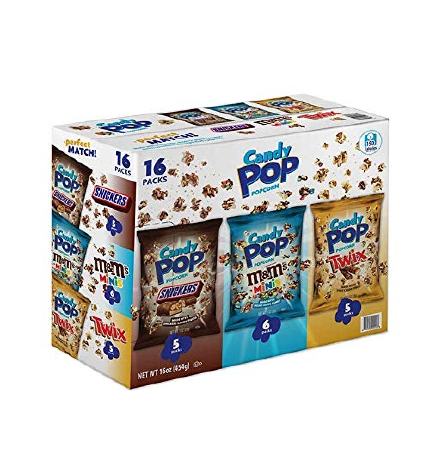 Snack Pop Candy Coated Popcorn Variety Pack with Real Candy Pieces & Chocolate Drizzle - Snickers, Twix, M&M Minis - 16 Count - Buy Online on GoSupps.com