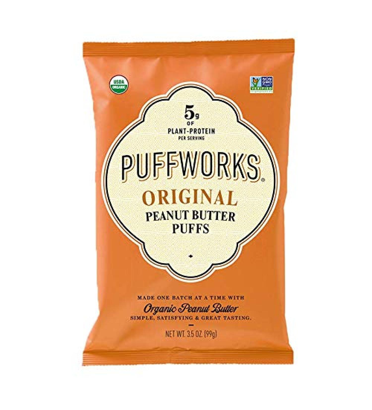 Puffworks Original Organic Peanut Butter Puffs - Plant-Based Protein Snack (Pack of 3) - Vegan, Gluten-Free, Kosher - 3.5 Ounce - Buy Online on GoSupps.com