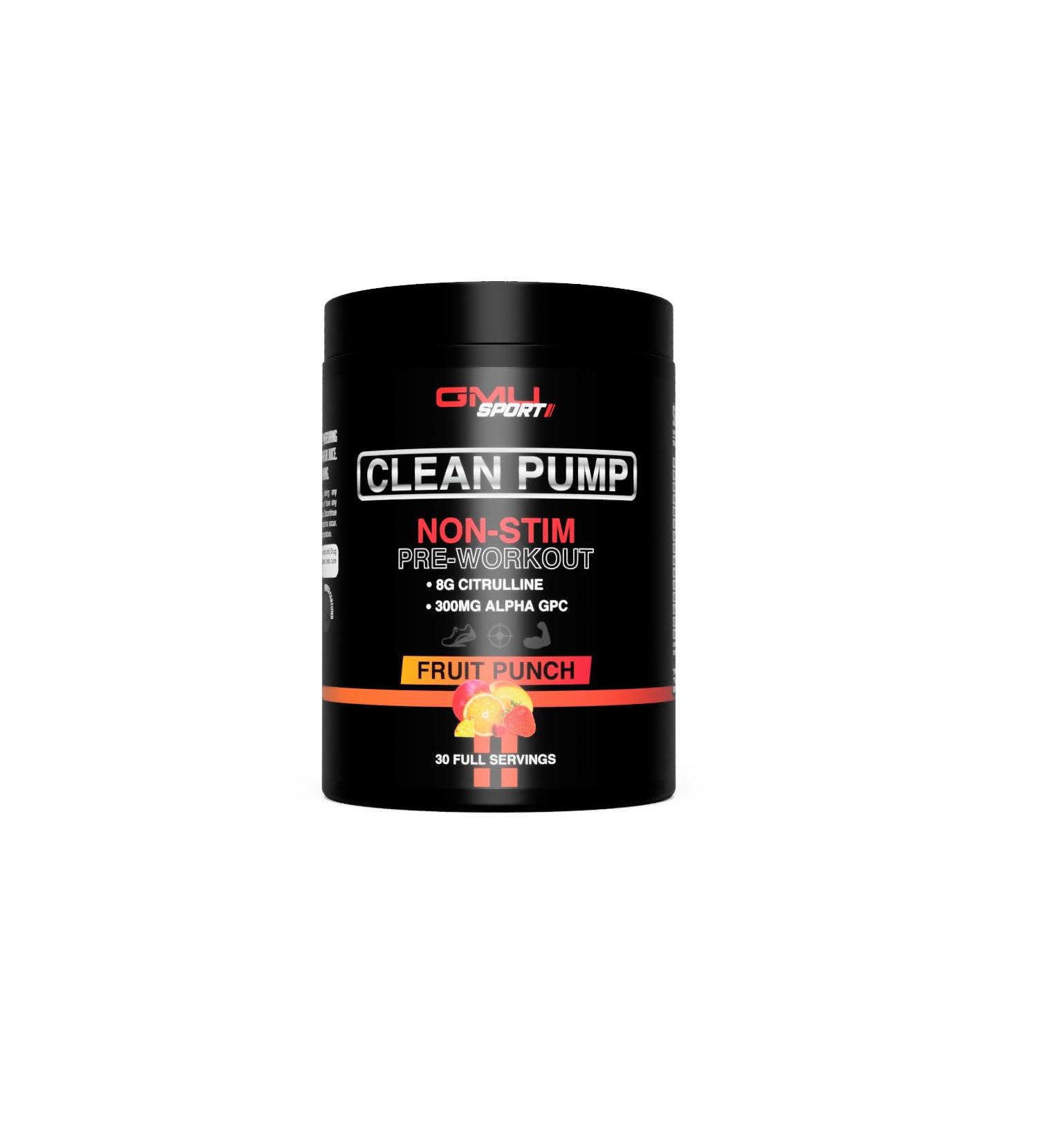 GMU SPORT Clean Pump Non-Stim Pre-Workout 8G Citrulline 300MG Alpha GPC - Natural Pre Workout for Men and Women - Non-Stimulant PreWorkout with Amino Energy and Endurance 30 Servings Fruit Punch - Buy Online on GoSupps.com