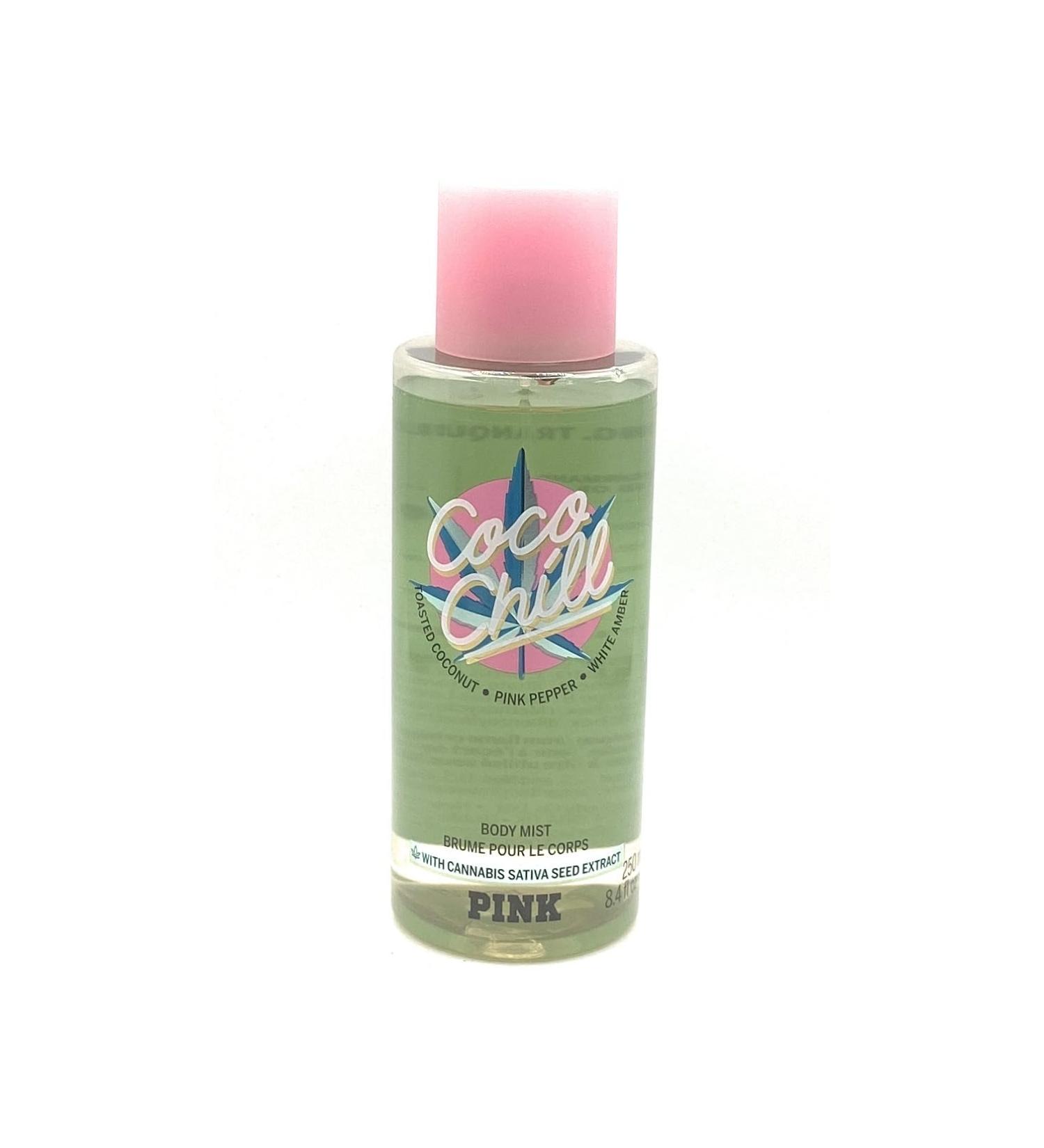 Victoria's Secret Pink Coco Chill Scented Body Mist Toasted Coconut x Pink Pepper x White Amber 8.4 Ounce Spray Pink Colored Cap Bottle