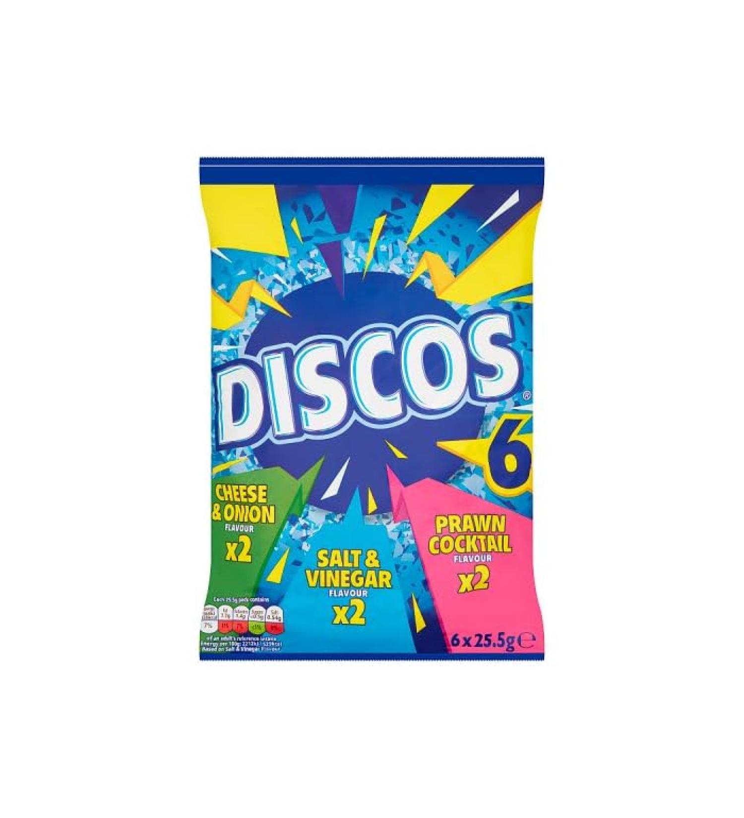 Discos Assorted Crisps(6X25.5G) | Cheese & Onion Flavour Wheat Snack | Salt & Vinegar Flavour Wheat Snack | Prawn Cocktail Flavour Wheat Snack | Snacks can be enjoyed as part of a balanced diet - Buy Online on GoSupps.com