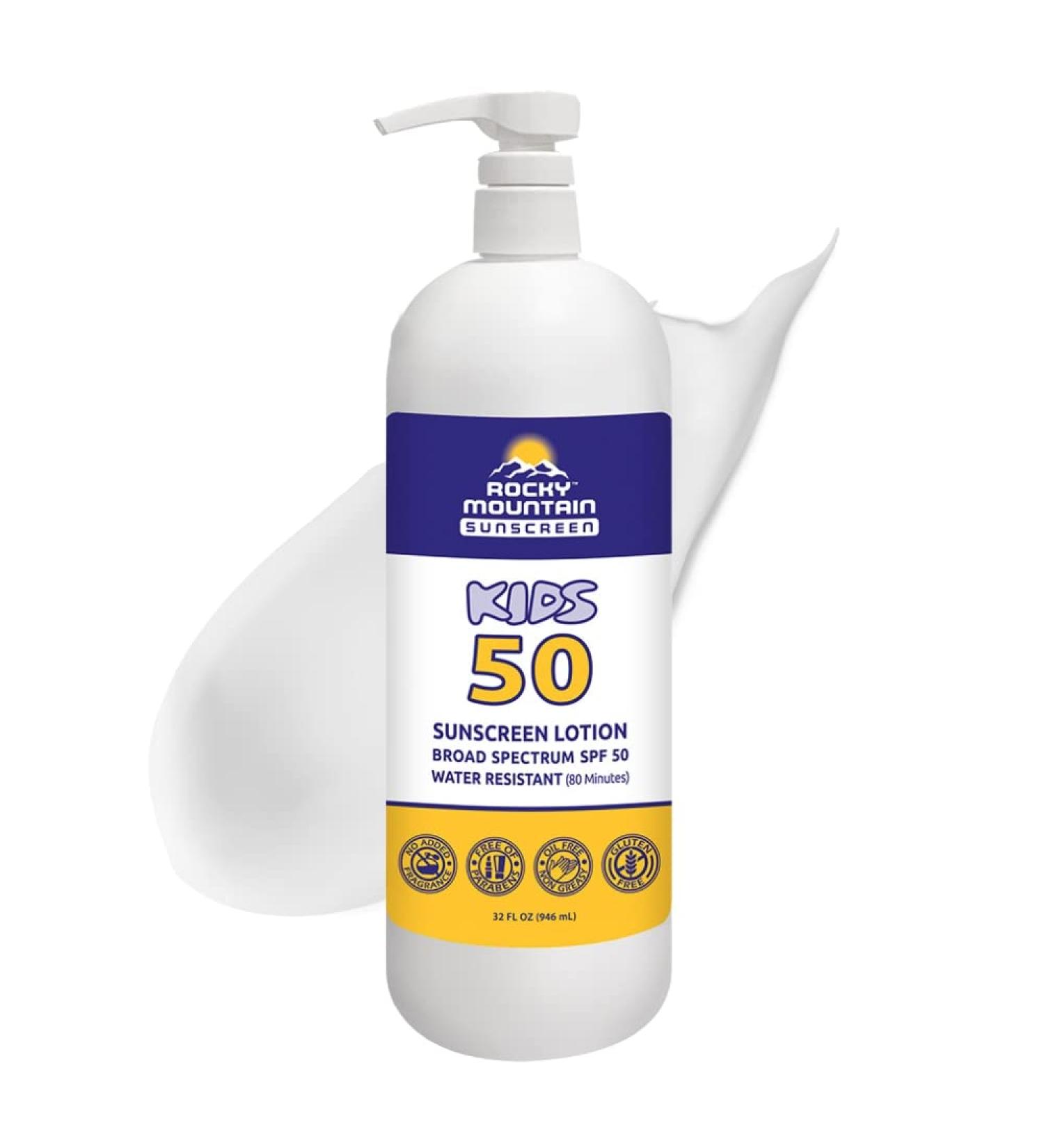 Rocky Mountain Sunscreen - Reef Safe SPF 50 Lotion for Kids - Broad Spectrum UVA/UVB - Water Resistant Hypoallergenic Sun Care - Non-Greasy Body Sunscreen for Children - Quart With Pump (32 Fl Oz) SPF 50 Kids Lotion 32 F... - Buy Online on GoSupps.com