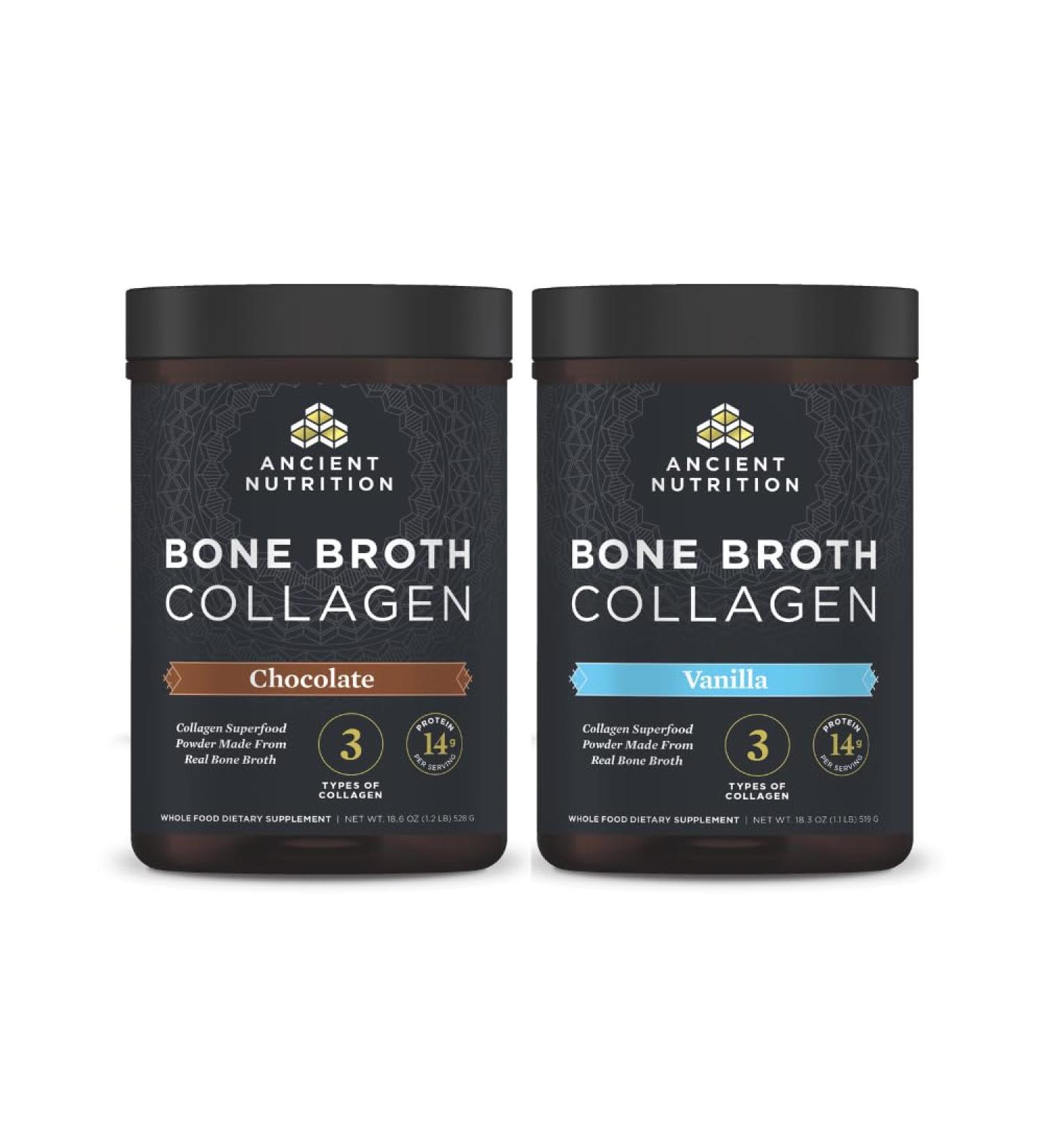 Ancient Nutrition Bone Broth Collagen Powder Chocolate 30 Servings + Bone Broth Collagen Powder Vanilla 30 Servings - Buy Online on GoSupps.com