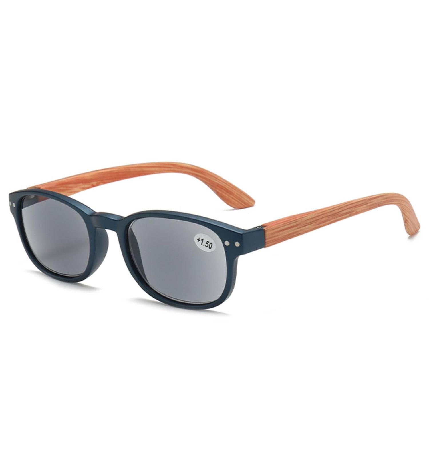Lanomi Sunny Reading Glasses - Stylish Rectangular Outdoor Visual Aid for Men & Women with Blue Tinted Gray Lens Wooden Legs & Feather Hinges - 1.5x Magnification - Buy Online on GoSupps.com