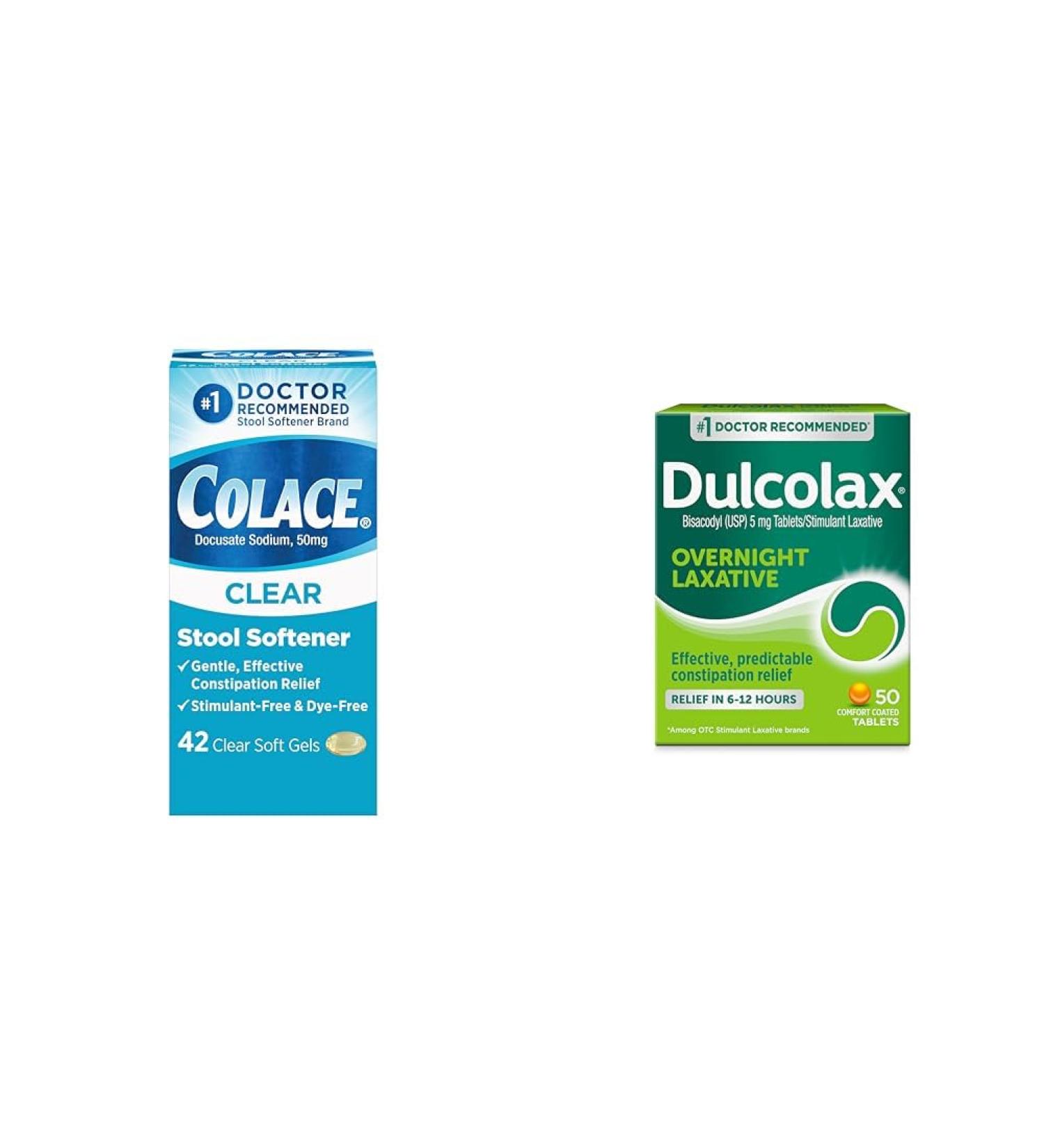 Colace Clear Stool Softener Soft Gel Capsules Constipation Relief 50mg 42ct & Dulcolax Overnight Relief Laxative Tablets Constipation Relief 5mg 50ct - Buy Online on GoSupps.com