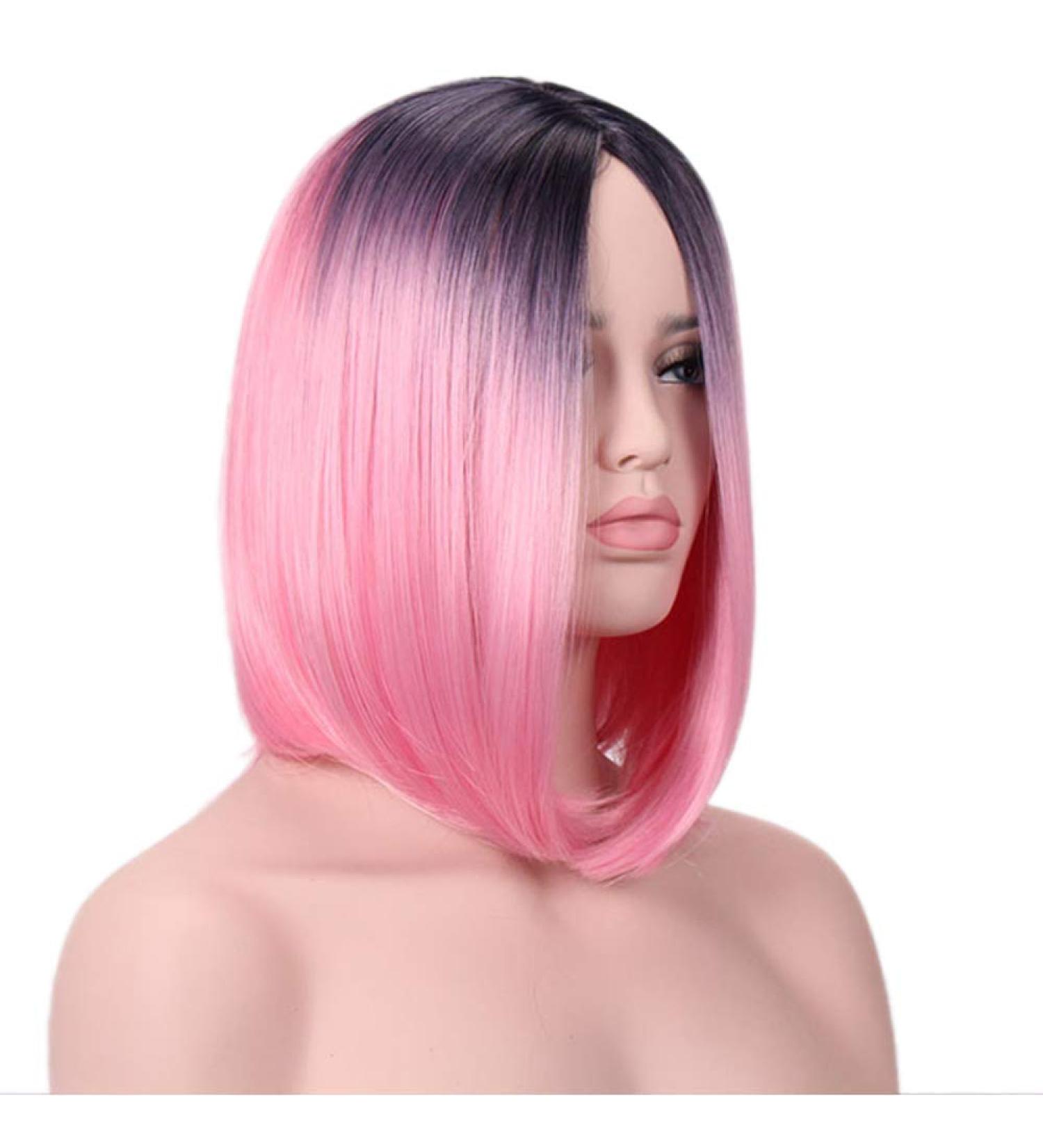SHIYID Women Short Synthetic Wigs - Heat Resistant Fiber Two Tones in Pink Red Yellow Brown Blue Black & Purple | Shop Stylish Wigs Online - Buy Online on GoSupps.com