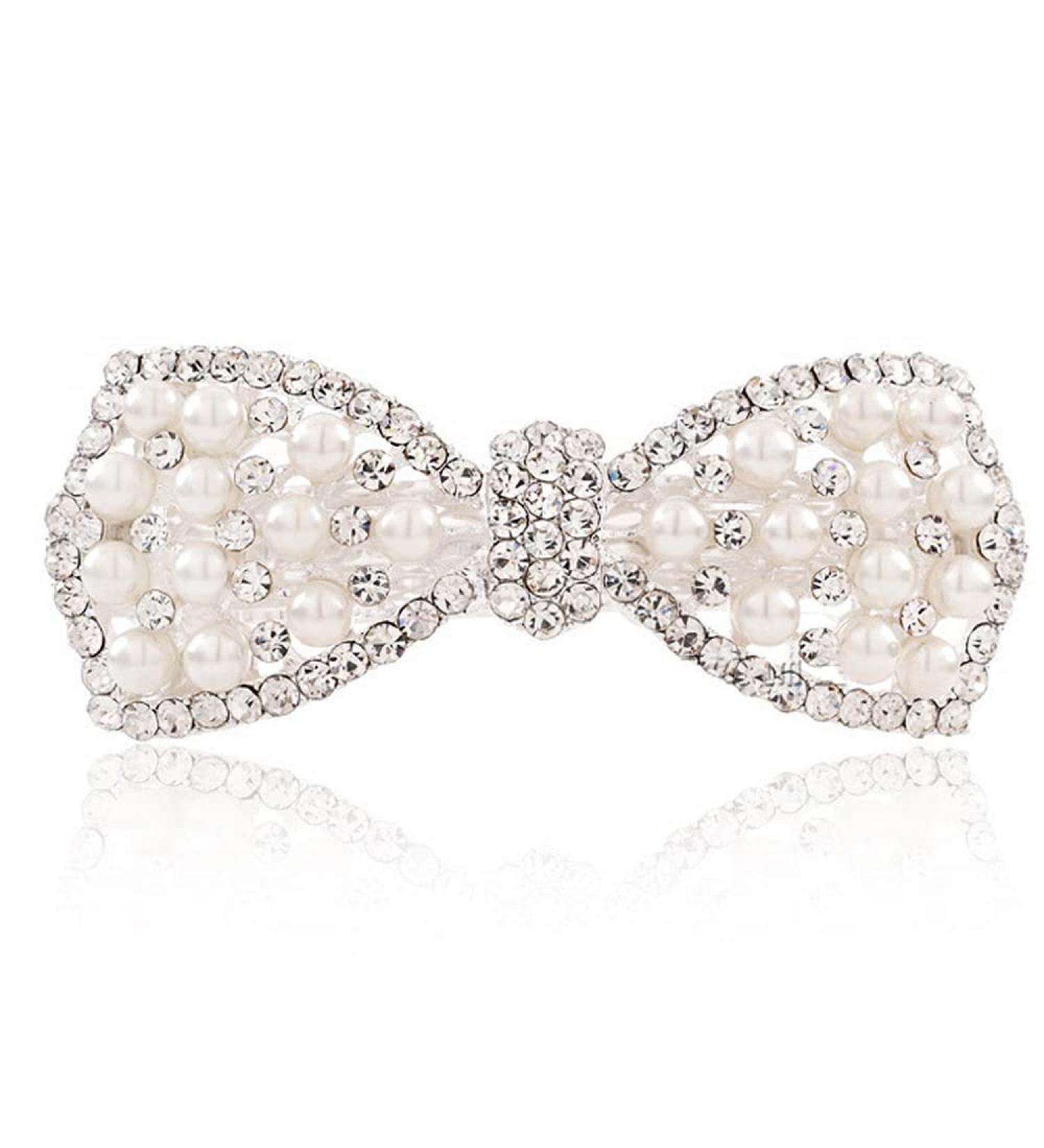 EMZHOLE Elegant Rhinestone Pearl Bow Hair Barrette - White | Crystal Headdress Hairpin and Accessories - Buy Online on GoSupps.com