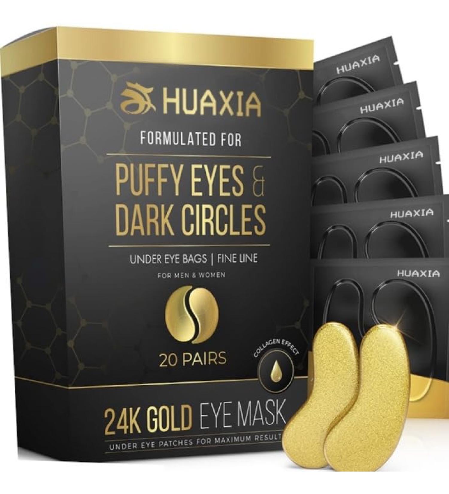 HUAXIA 24K Gold Eye Mask - 20 Pairs for Puffy Eyes Dark Circles & Wrinkles - Best Under Eye Patches for Men & Women | Shop Internationally - Buy Online on GoSupps.com