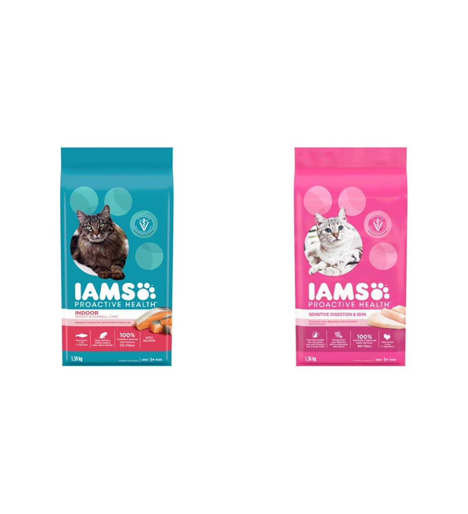 IAMS Proactive Health Dry Cat Food Adult Bundle | Indoor Weight & Hairball Care with Salmon (1.59kg) + Sensitive Digestion & Skin with Turkey (1.36kg) 1.59 kg (Pack of 1) Cat Food + Cat Food 1.36kg - Buy Online on GoSupps.com