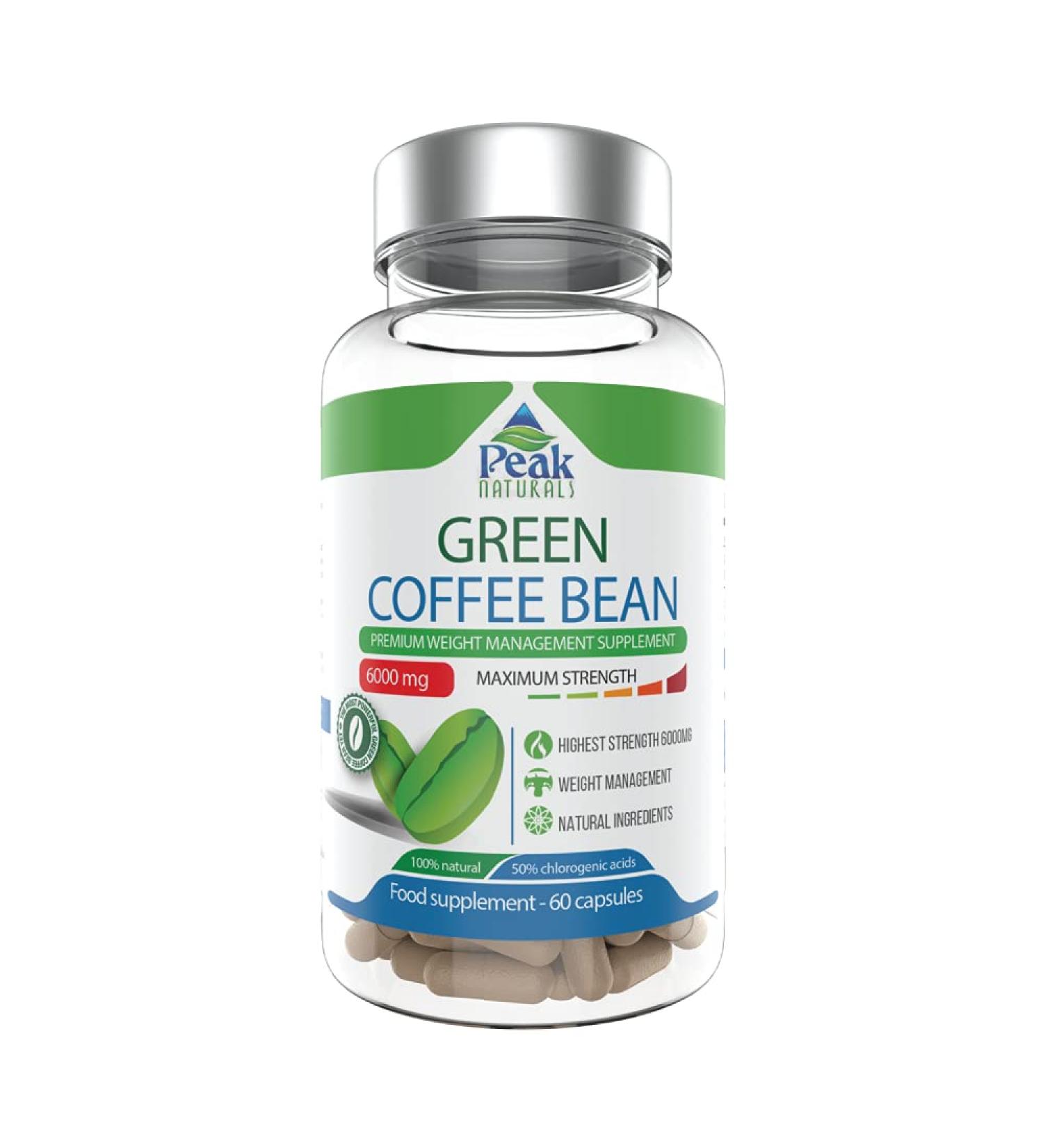 Peak Naturals Green Coffee Bean Capsules - All Natural Weight Management Supplement - Made in UK - Vegan Friendly - 60 Capsules - Buy Online on GoSupps.com
