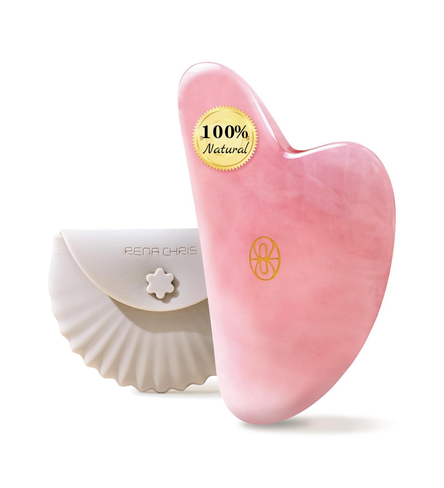 Rena Chris Gua Sha Facial Tools - Ergonomic Rose Quartz Jade Stone for Jawline Sculpting & Puffiness Reduction - Premium Pink Skin Care Massager - Buy Online on GoSupps.com