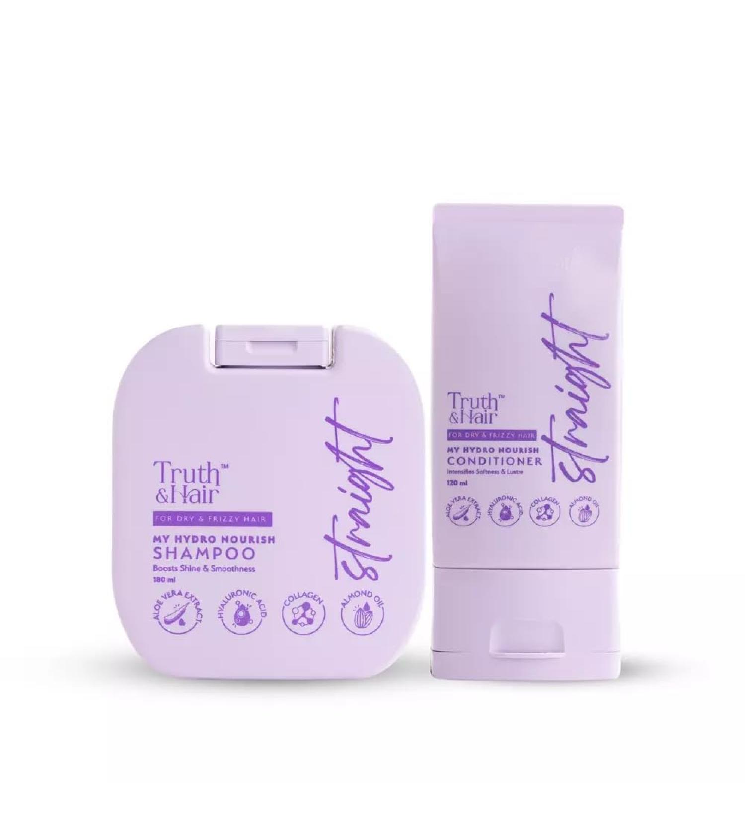 Hydro Nourish Conditioner 120ml & Shampoo 180ml for straight hair With sweet almond oil hyaluronic acid and collagen SLS & paraben free Dermat Approved for vibrant and radiant hair - Buy Online on GoSupps.com