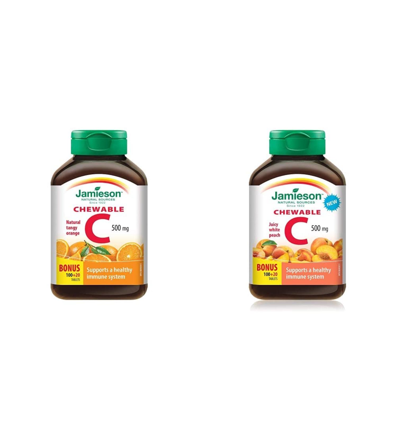 Jamieson Chewable Vitamin C 500 mg - Tangy Orange + White Juicy Peach Flavour 240 Count (Pack of 2) - Buy Online on GoSupps.com