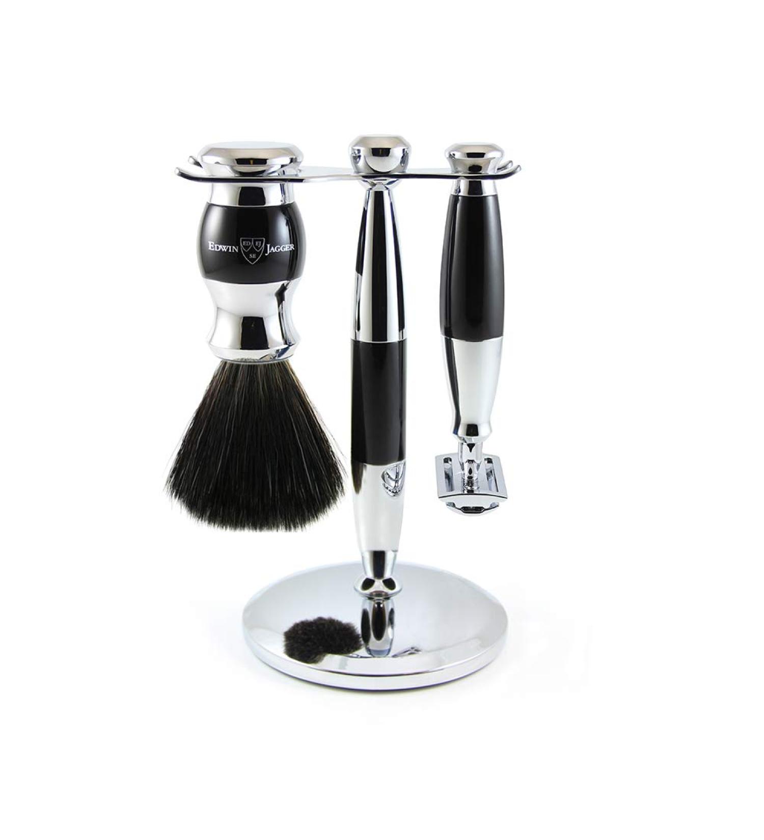 Edwin Jagger 3-Piece Safety Razor Set - Black Synthetic Brush & Chrome Stand | Premium Shaving Kit for a Smooth Finish - Buy Online on GoSupps.com