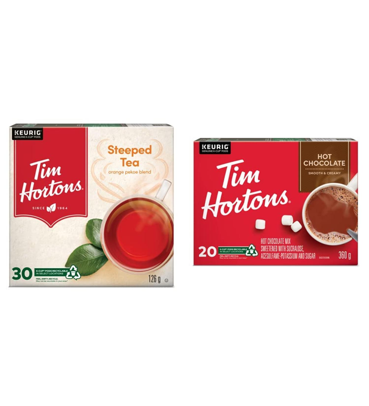 Tim Hortons Steeped Orange Pekoe Tea Single Serve Keurig K-Cup Pods 30 Count & Hot Chocolate Recyclable Single Serve Keurig K-Cup Pods 20 Count Tea + Hot Chocolate 20 Count Steeped Tea 30 Count (Pack of 1) - Buy Online on GoSupps.com