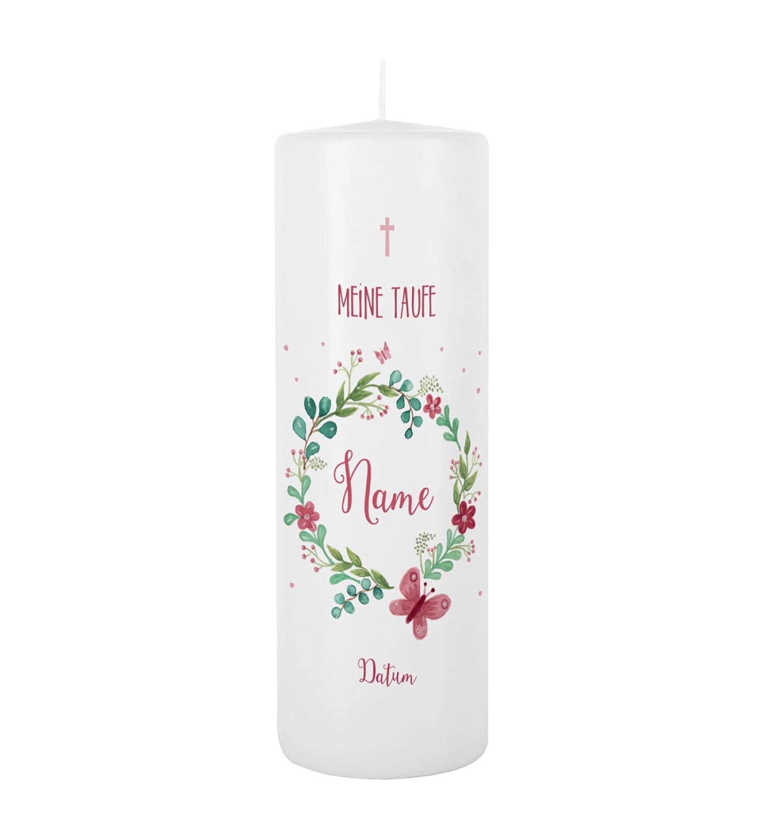 Buy Striefchen Personalized Christening Candle for Girls Flower Wreath & Butterfly Design | Custom Name Baptism Date & Saying 8x25 cm - Buy Online on GoSupps.com
