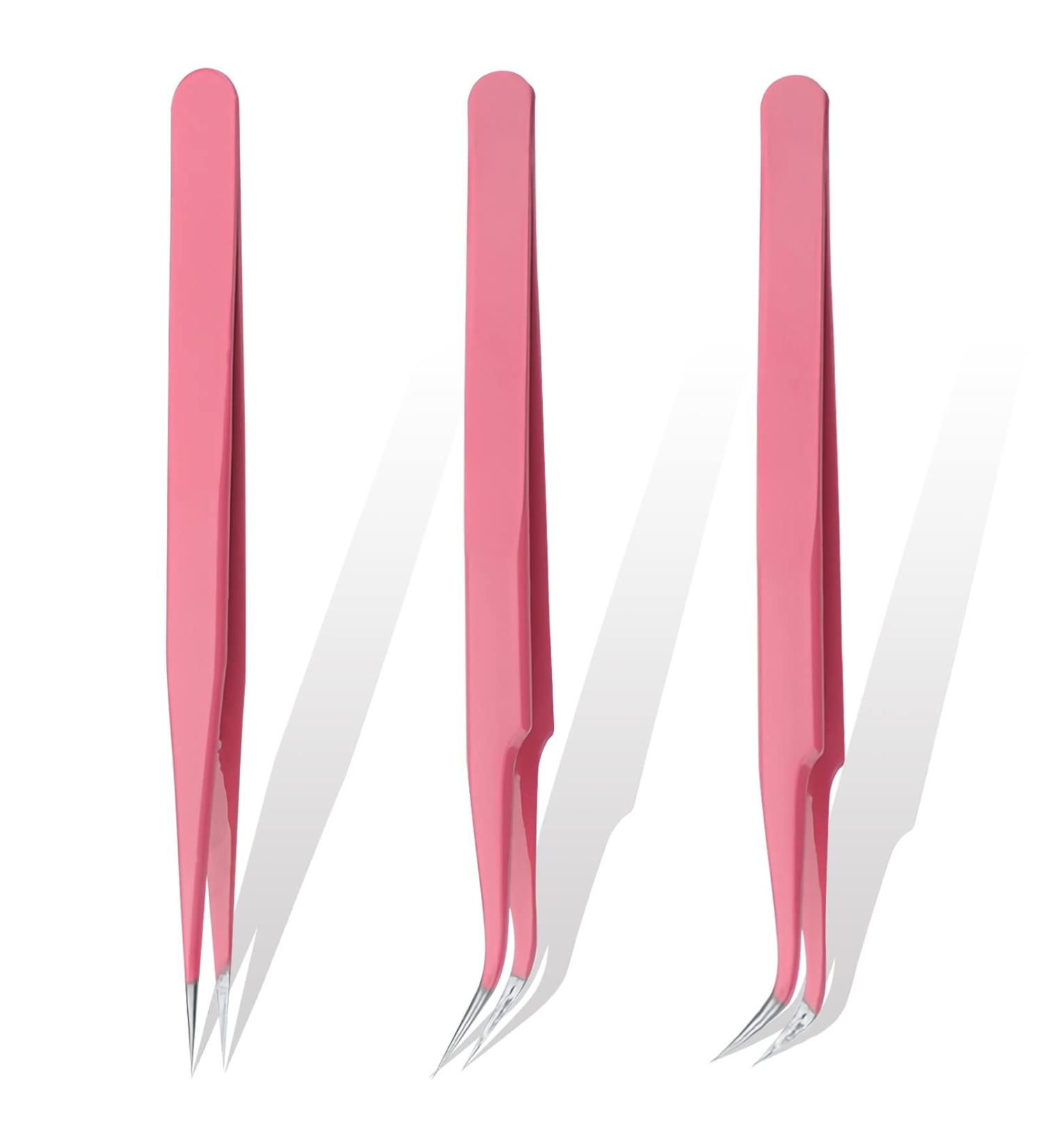 Yutou 3-Piece Pink Lash Tweezers Set | Stainless Steel Eyelash Extension Tools Straight & Curved Precision for False Eyelashes - Buy Online on GoSupps.com