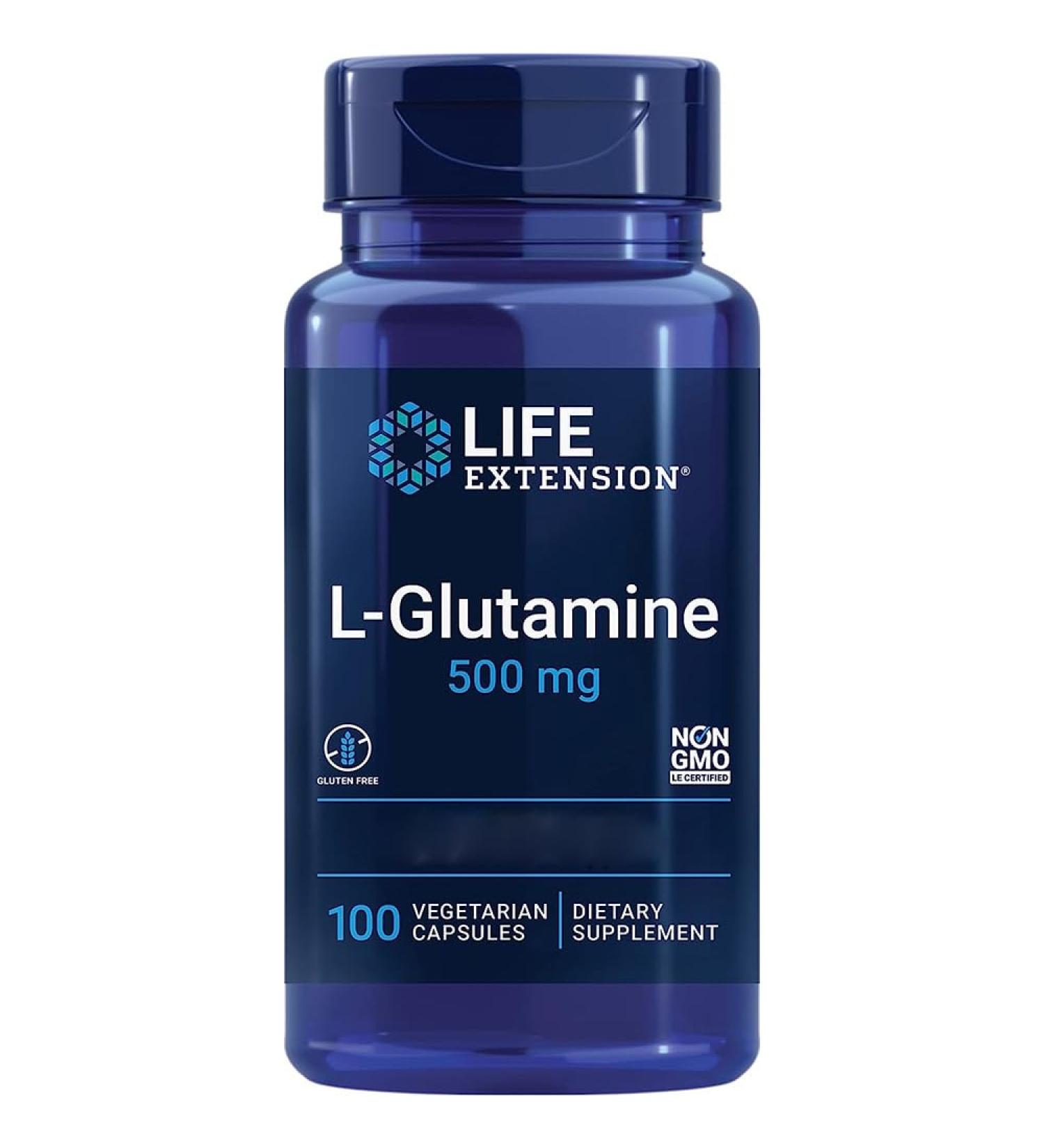 Life Extension L-Glutamine 500mg Vegan Capsules - Lab-Tested Gluten Free | Vegetarian | Soy Free | GMO Free - Buy Online on GoSupps.com