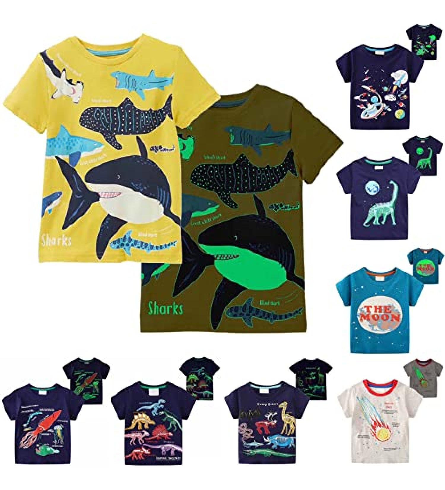 Boys' Novelty Luminous Dinosaur T-Shirt | Short Sleeve Crew Neck Tee | Cartoon Print | 1-7Y | 2-3T | Yellow - Buy Online on GoSupps.com