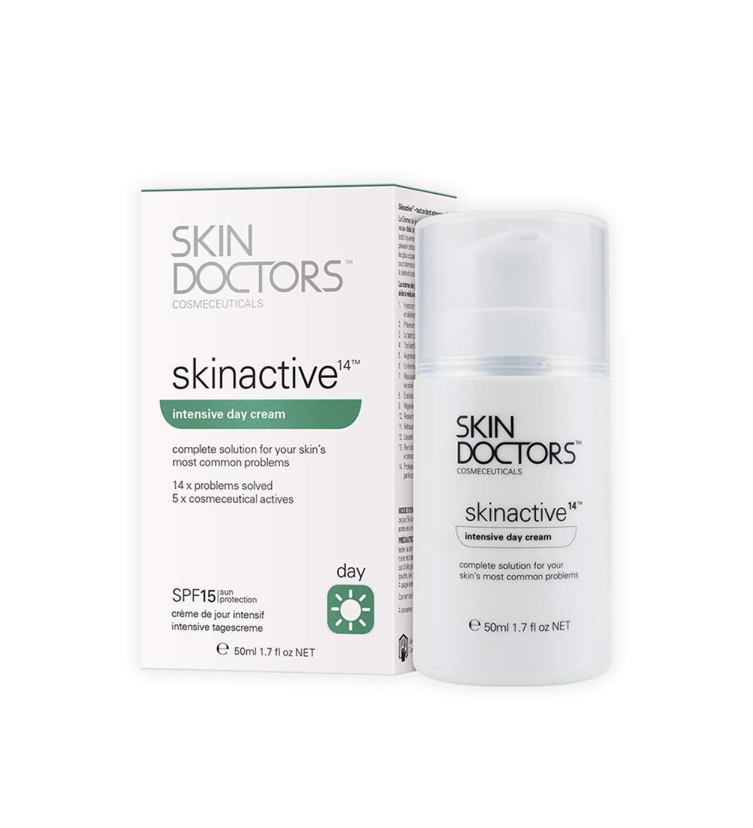 Skin Doctors Skinactive 14 Intensive Day Cream Moisturiser for the face with SPF15 Skin Active helps hydration firmness anti ageing & reduces redness pore size fine lines wrinkles sagging skin sun spots uneven skin tone and pigmentation - 50ml - Buy Online on GoSupps.com