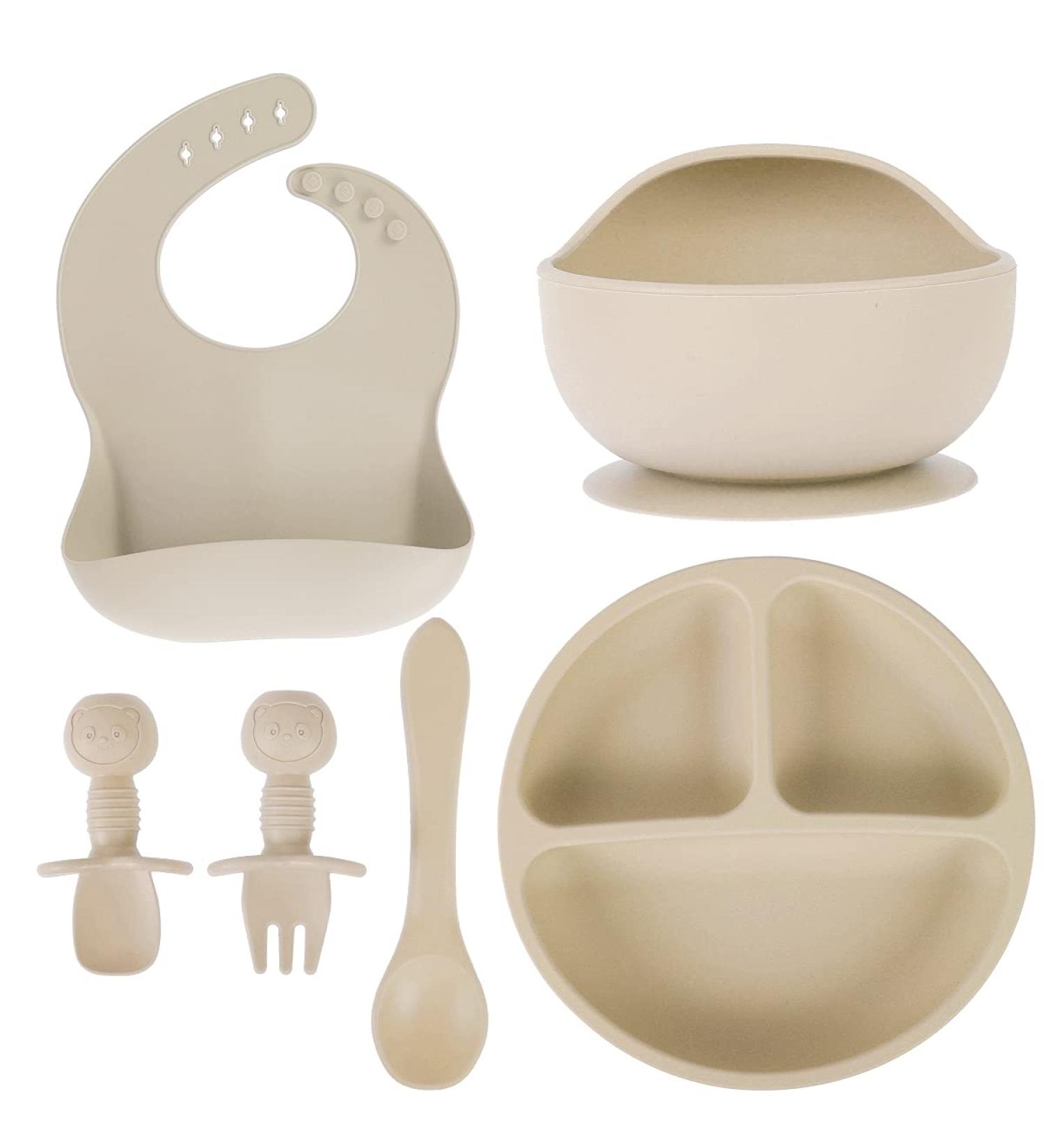Set of 6 Baby Feeding Set Silicone Baby Tableware Set Food Grade Infant Dinnerware Set BPA Free Baby Led Weaning Supplies Non-Slip Self Feeding Utensils with Silicone Suction Bowls&Adjustable Bib&Divided Plates&Fork&Soft Spoon&Soup Spoon for Toddlers Infa - Buy Online on GoSupps.com