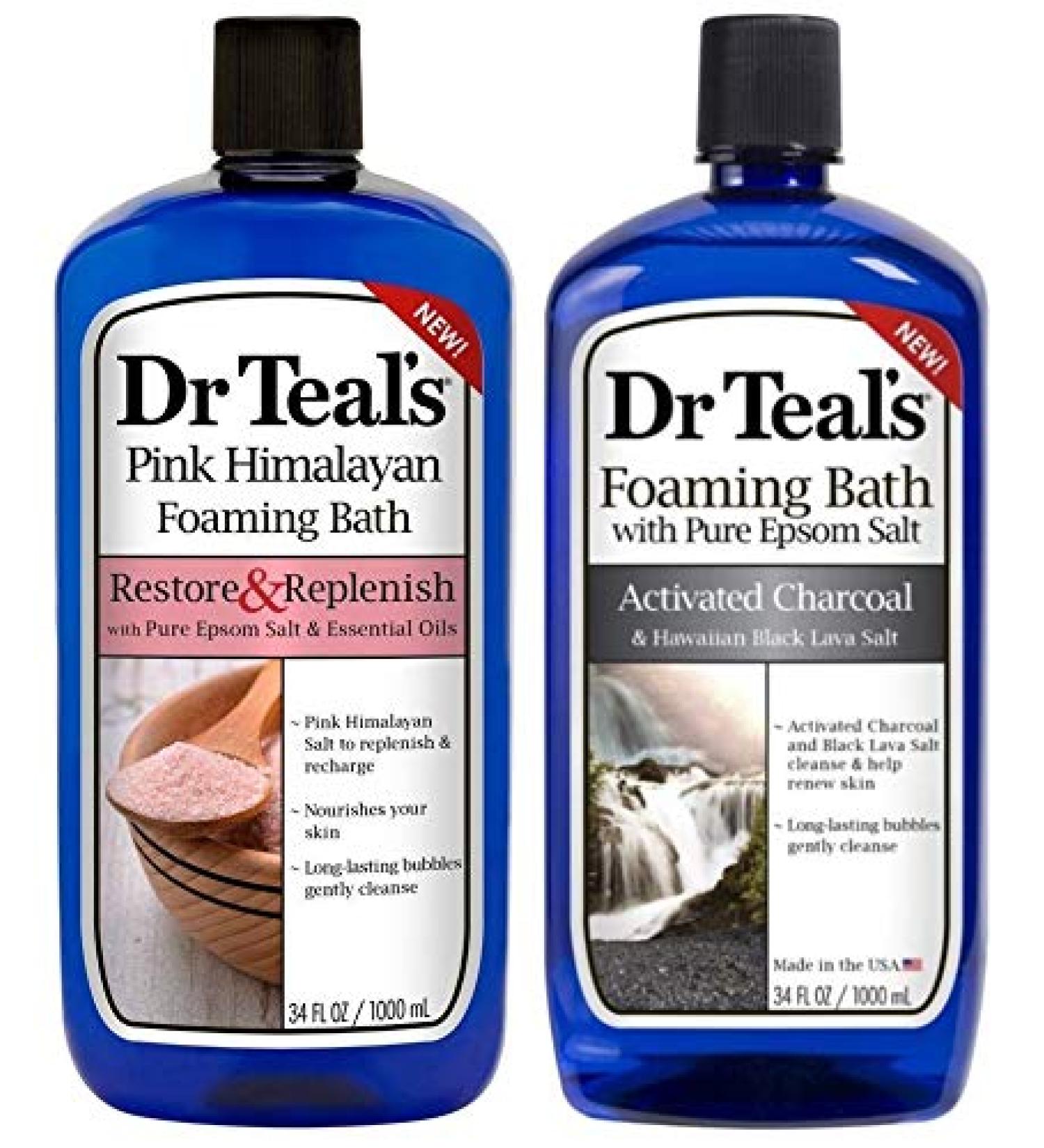 Dr Teal's Foaming Bath Variety Gift Set (2 Pack 34oz Ea.) - Restore & Replenish Pink Himalayan Salt & Activated Charcoal with Hawaiian Black Lava Salt - Essential Oils Relieve Stress