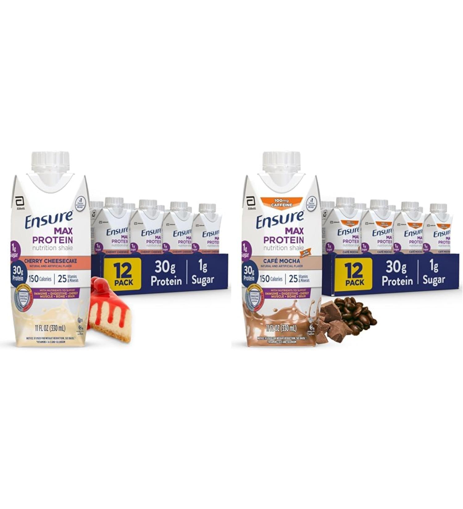 Ensure Max Protein Nutrition Shake with 30g Protein Cherry Cheesecake & Cafe Mocha Flavors Pack of 12 11 fl oz