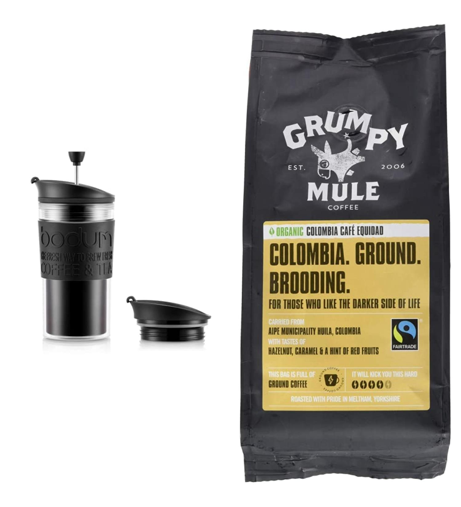 BODUM K11102-01 Travel Press Set Coffee Maker with Extra Lid Black & Grumpy Mule Organic Colombia Caf Equidad Ground Coffee with tastes of Hazelnut Caramel & a hint of Red Fruits 227 g Black + Ground Coffee - Buy Online on GoSupps.com