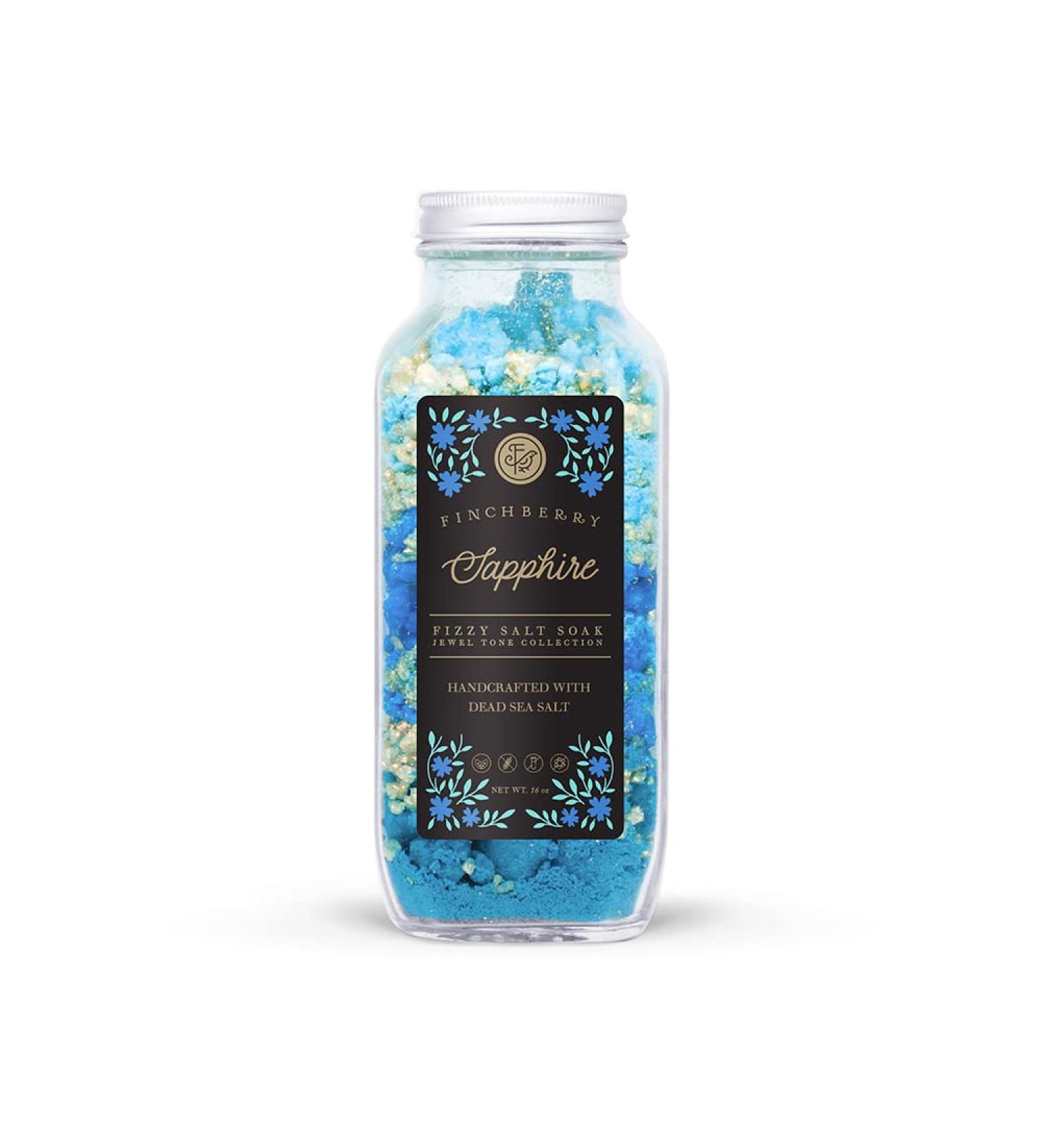 Finchberry Fizzy Bath Salt Soak (Sapphire) Dead Sea Salts with Bath Bomb Effect for Relaxation and to Ease Sore Muscles Luxury Spa Aromatherapy Soak 16 oz