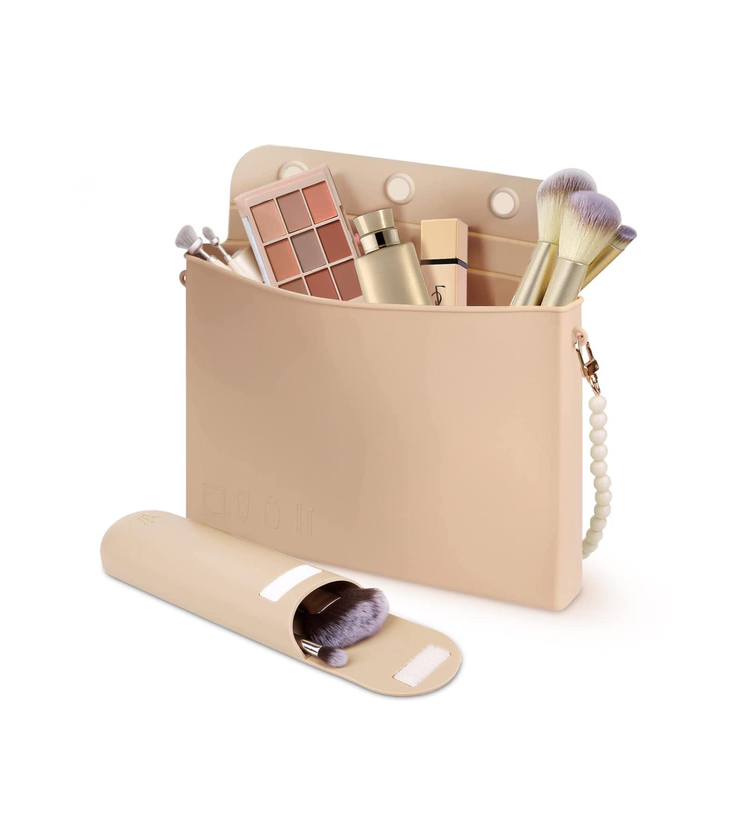 Drawzone Silicone Makeup Bag with Travel Brush Holder | Trendy Cosmetic Bag for Women | Portable Toiletry Bag in Khaki - Buy Online on GoSupps.com