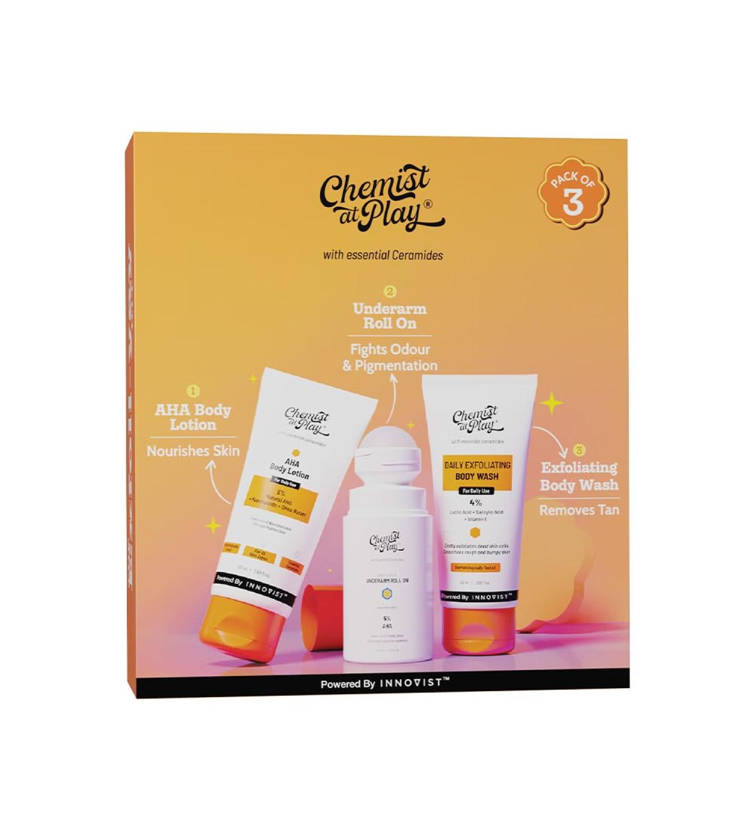 Chemist at Play Exfoliating Kit | Exfoliating Body Wash Removes Tan | Underarm Roll On Fights Odour & Brightens Underarm | AHA Body Lotion Nourishes Skin - Buy Online on GoSupps.com