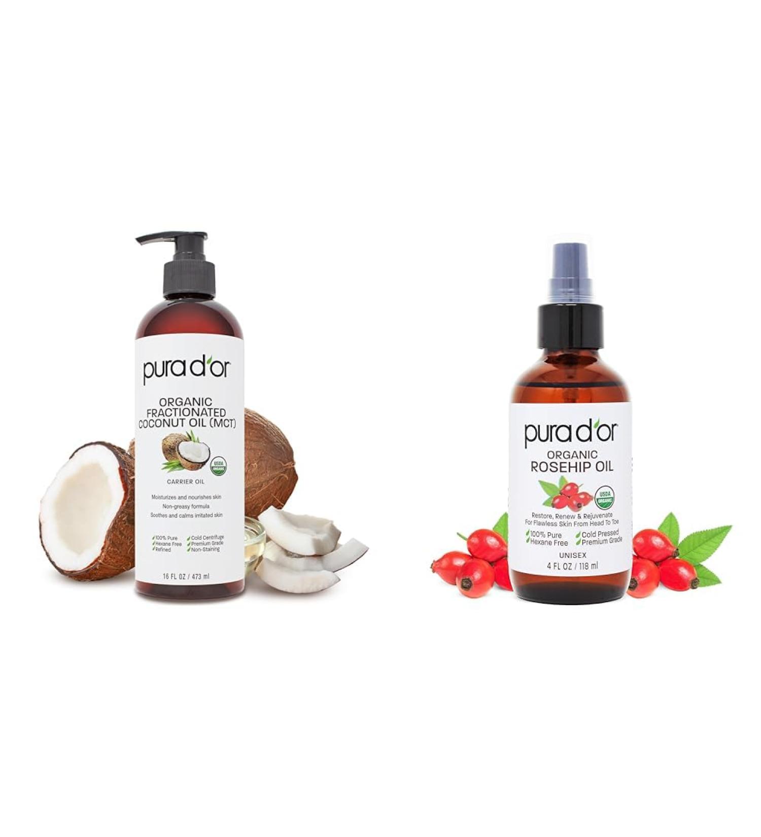 PURA D'OR 16 Oz Fractionated Coconut Oil 4 Oz Rosehip Seed Oil - Organic Oils for Skin Hair & Face - Buy Online on GoSupps.com