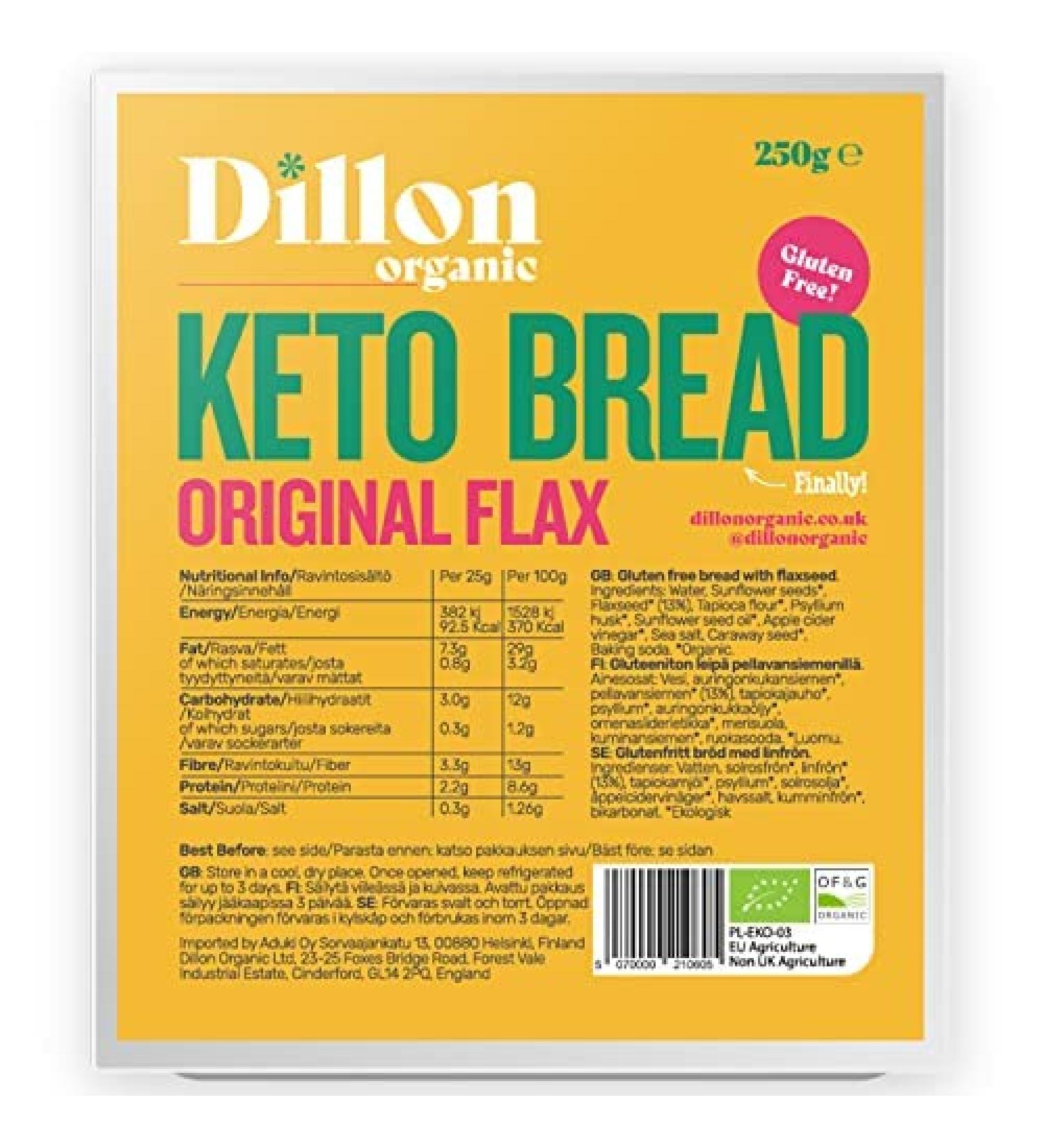 Dillon Organic Flax Keto Bread 6 x 250g - Low Carb, Gluten-Free, High Fiber, Omega 3, Sunflower & Caraway Seeds - Buy Online on GoSupps.com