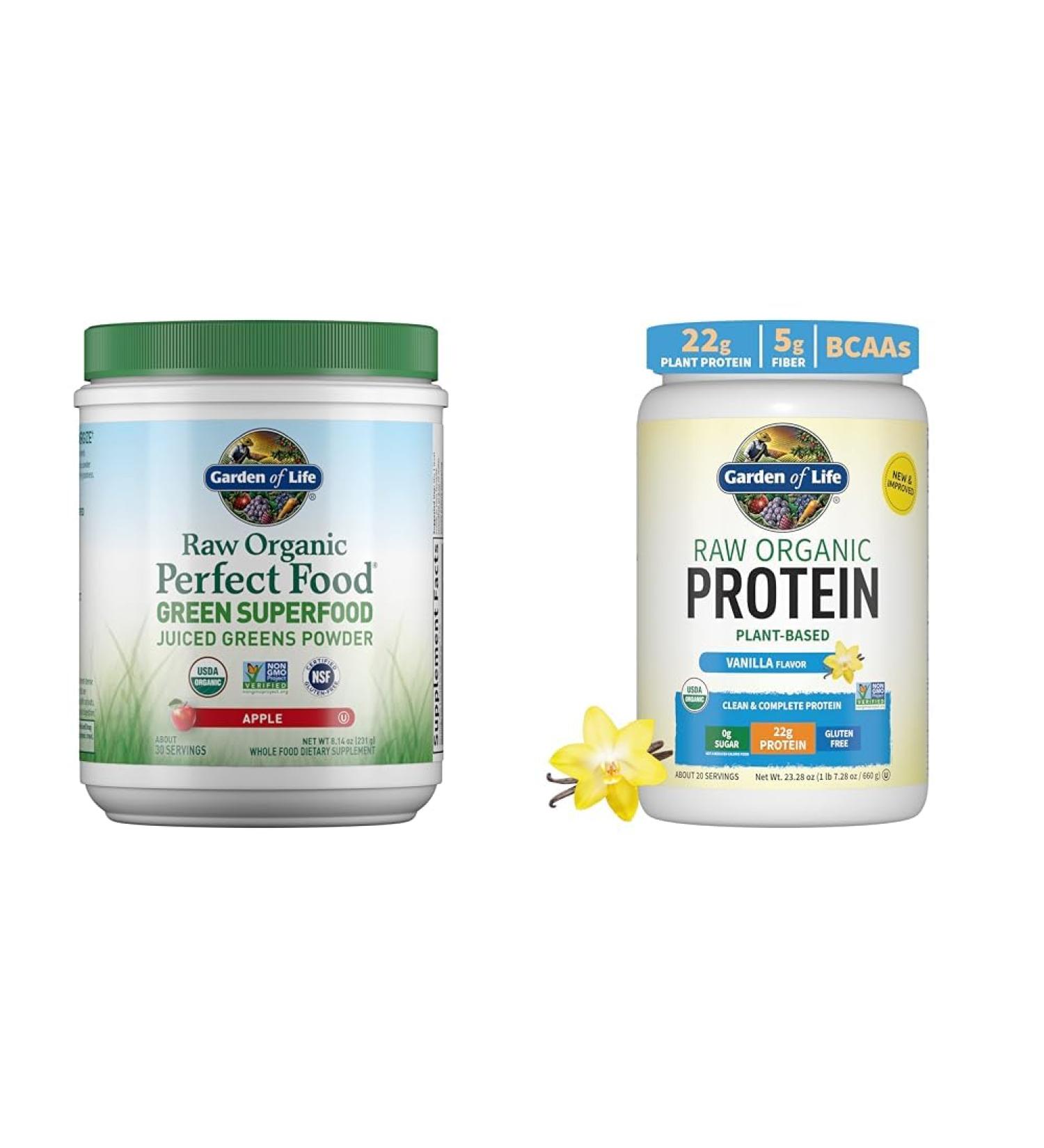 Garden of Life Raw Organic Perfect Food Green Superfood Juiced Greens Powder - Apple Flavor & Organic Vegan Vanilla Protein Powder 22g Complete Plant Based Raw Protein - Buy Online on GoSupps.com