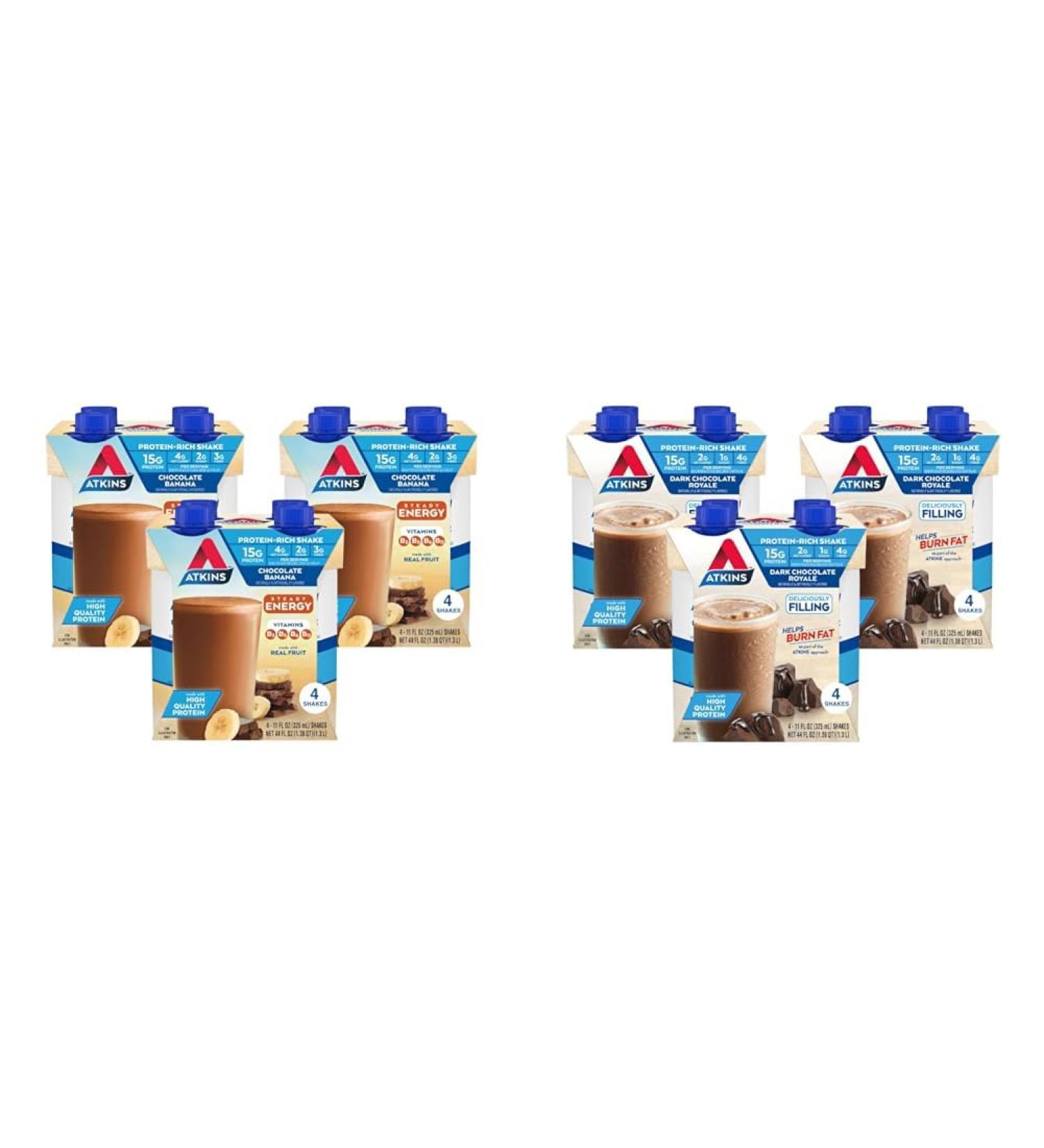 Atkins Chocolate Banana Protein Shake 15g Protein & Dark Chocolate Royale Protein Shake 15g Protein Low Glycemic 2g Net Carb 1g Sugar Keto Friendly 12 Count - Buy Online on GoSupps.com