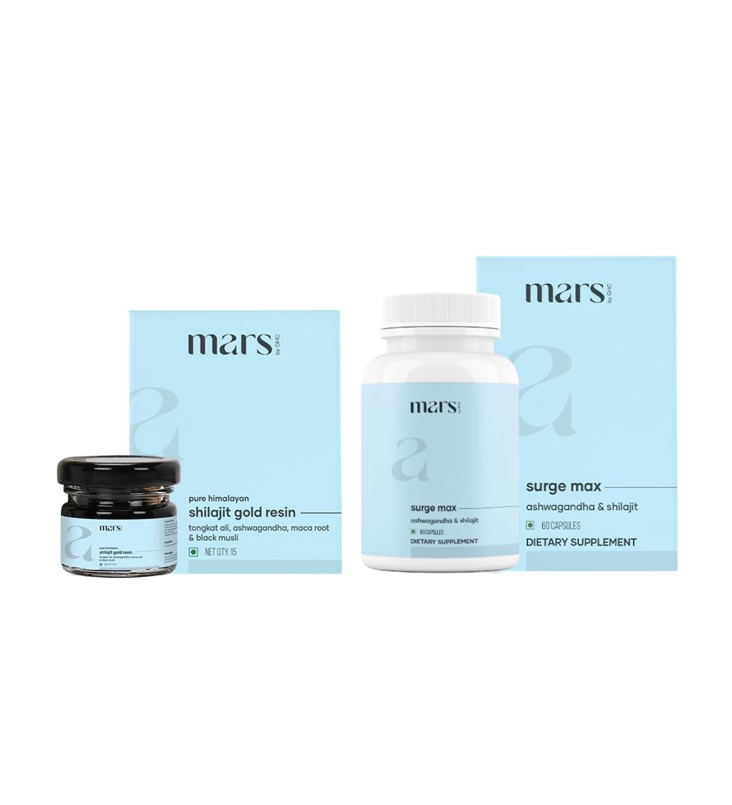 mars by GHC Power Pack Combo Pack | Shilajit Resin Gold & SurgeMax Capsules (60 Count) | Powered with Gokshura & Safed Musli | Supports Vitality, Energy & Overall Well-Being | Good Health Company - Buy Online on GoSupps.com