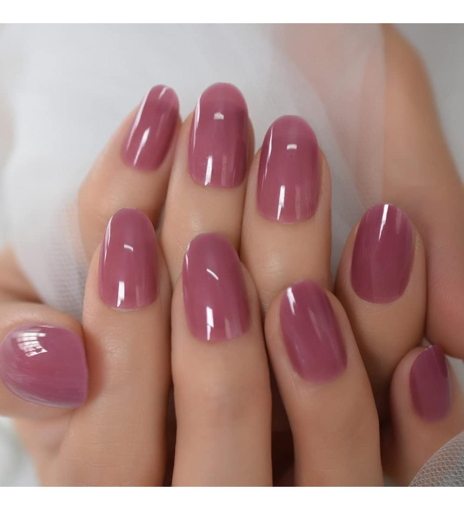 iBeautying Taro Red Semi-Transparent False Nails - UV Gel Finish, Medium Short Round Shape, 24 Nail Kit - Buy Online on GoSupps.com