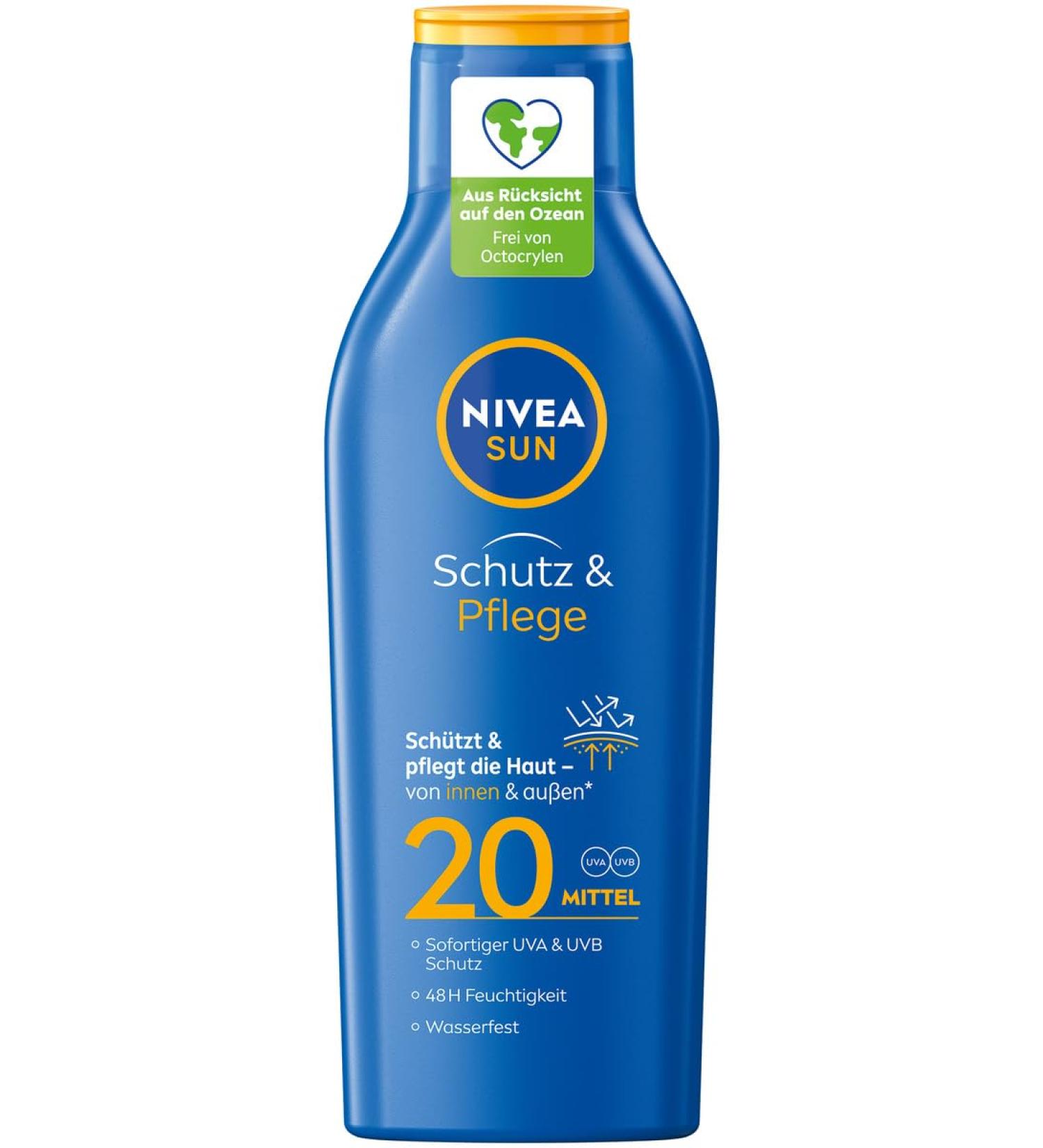 Nivea Sun Protection & Care Sun Milk LSF 20 - 250ml | 48h Moisture & Immediate UVA/UVB Protection | Best Sunscreen for All Skin Types - Buy Online on GoSupps.com