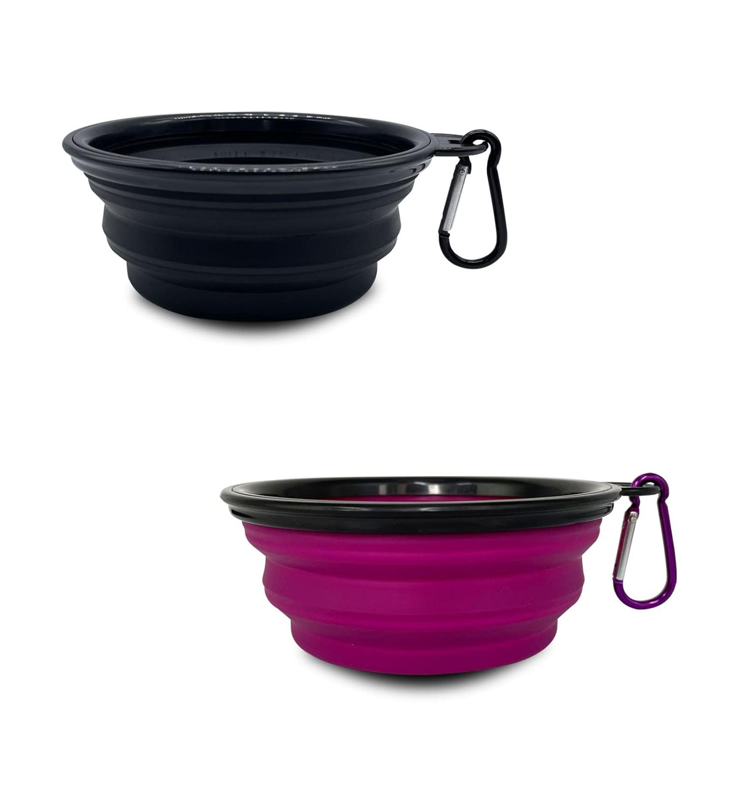 Collapsible Dog Bowls 2 Pack - Portable Water Bowls for Pets | Foldable Travel Bowl Set with Carabiner Clip - Ideal for Walking, Traveling, Hiking | Black+Purple - Buy Online on GoSupps.com
